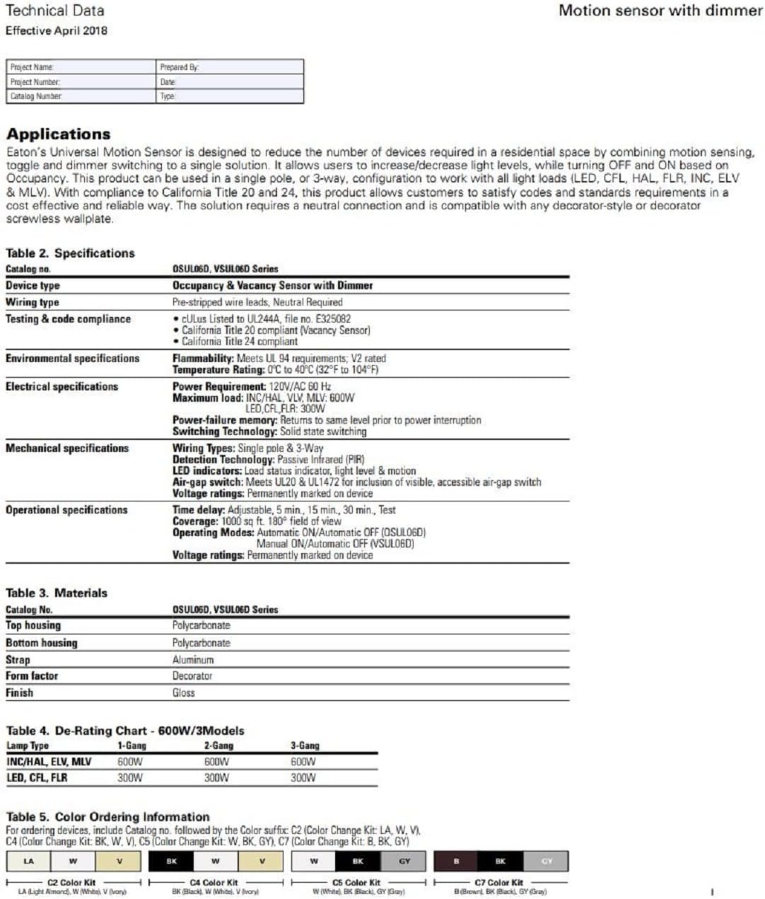 EATON OSUL06D-C4-K-L Occupancy Motion Sensor with Dimmer, Single Pole & 3-Way, in White Ivory Black Colors