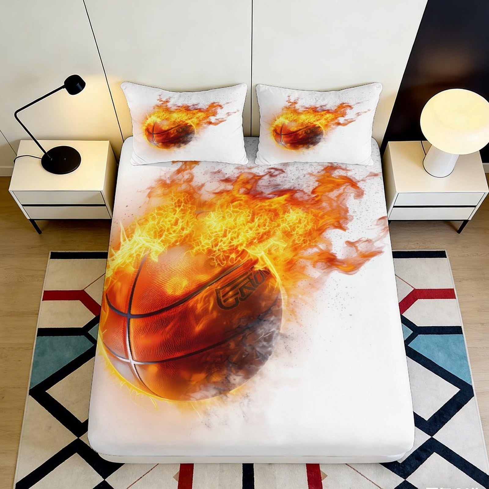 3D Printed Basketball Fire Fitted Sheet Microfiber Soft Orange Flame Mattress Cover Bedroom Dorm Decor 90x200x25cm