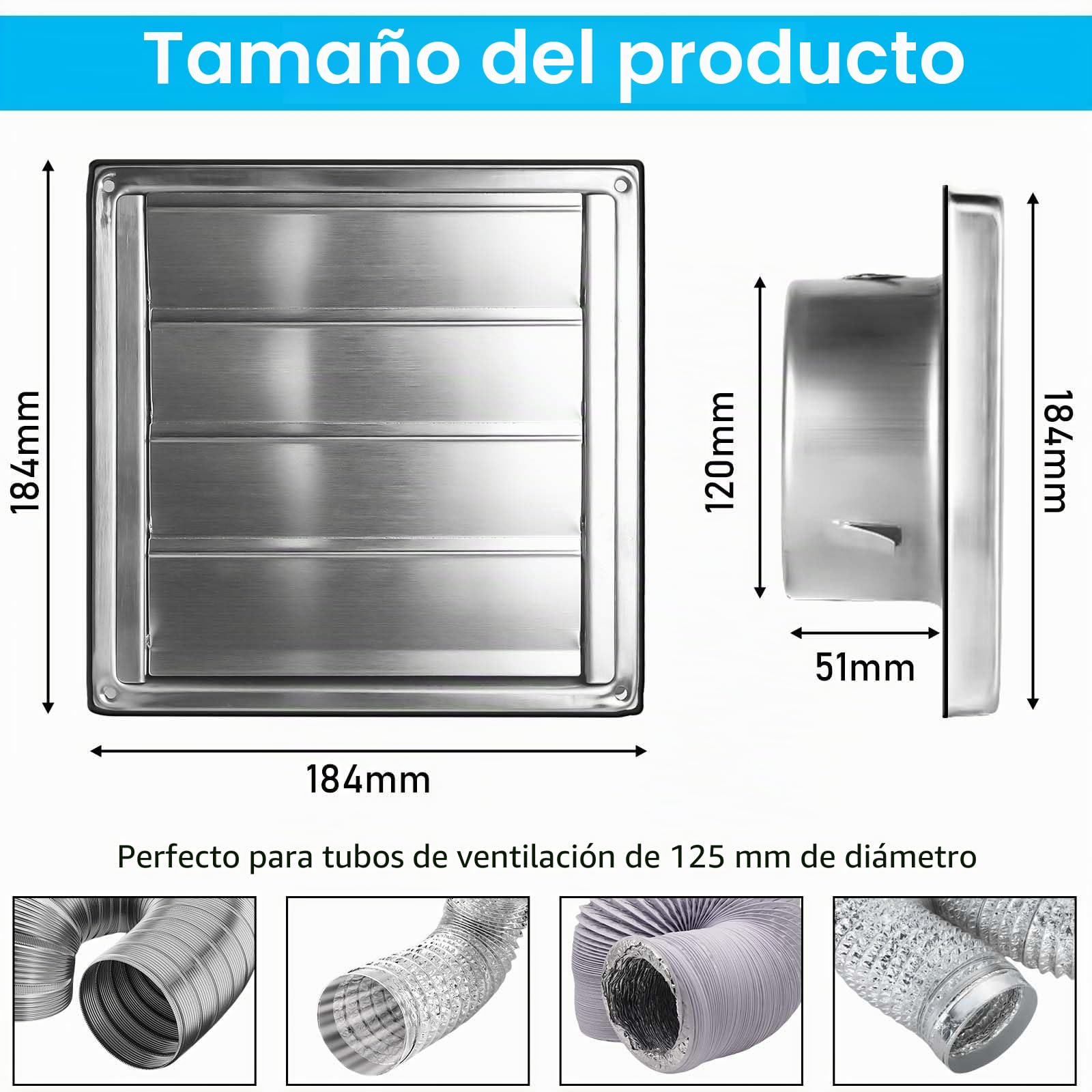 Rejilla de ventilación de acero inoxidable de 125 mm: válvula antirretorno, rejilla de protección contra la intemperie con rejilla de protección contra insectos, rejilla de láminas para tubo de