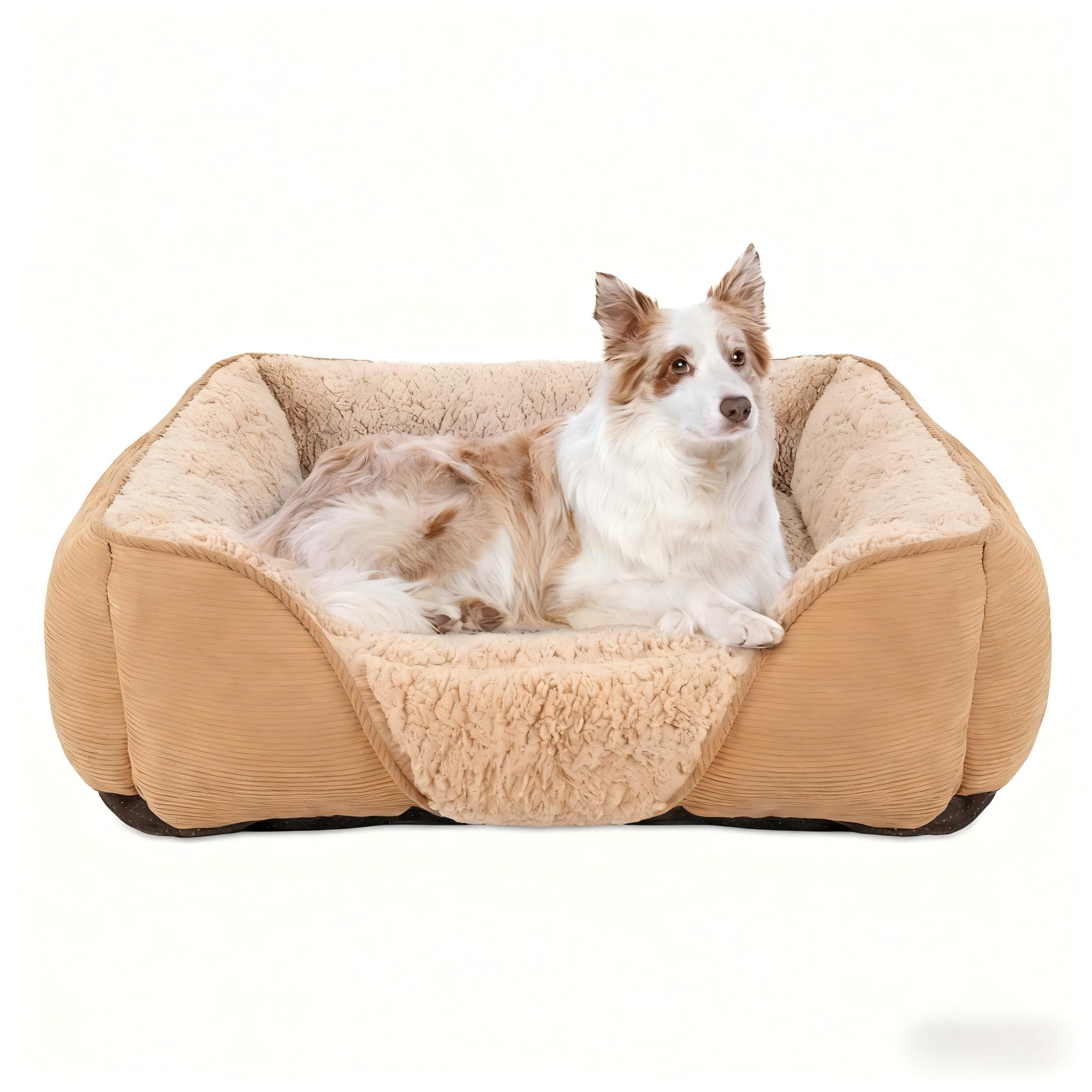 JOEJOY Dog Cat Bed Medium Pet Sofa Bed, Warm Lamb Fleece Medium Dog Bed, Washable Dog Bed for Corgi 63x53x21cm(Brown)