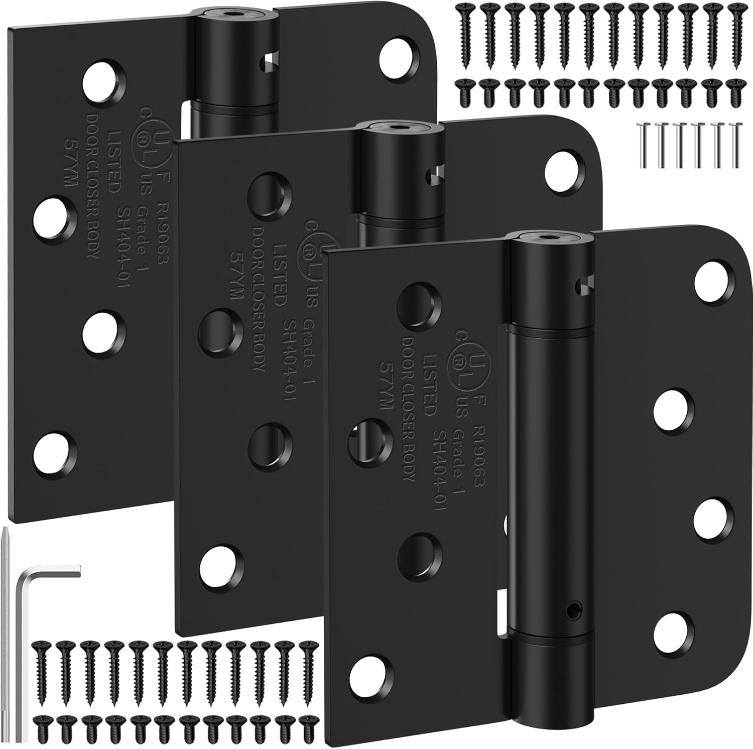 4 Inch Self Closing Door Hinges, Spring Loaded Door Hinges 5/8" Radius Corners for Exterior, Garage, Front and Back Door, for Left and Right Hand Door, UL Listed, Matte Black, 3 Pack