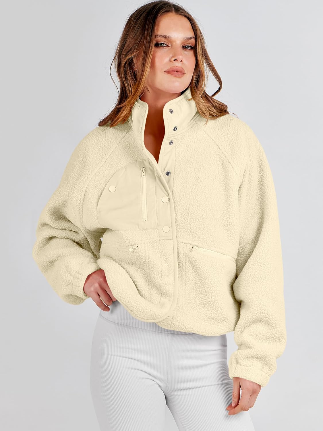 ANRABESS Womens Fuzzy Fleece Jacket Fall Casual Long Sleeve Cropped Sherpa Button Down Shacket Coats Outwear With Pockets - Image 9