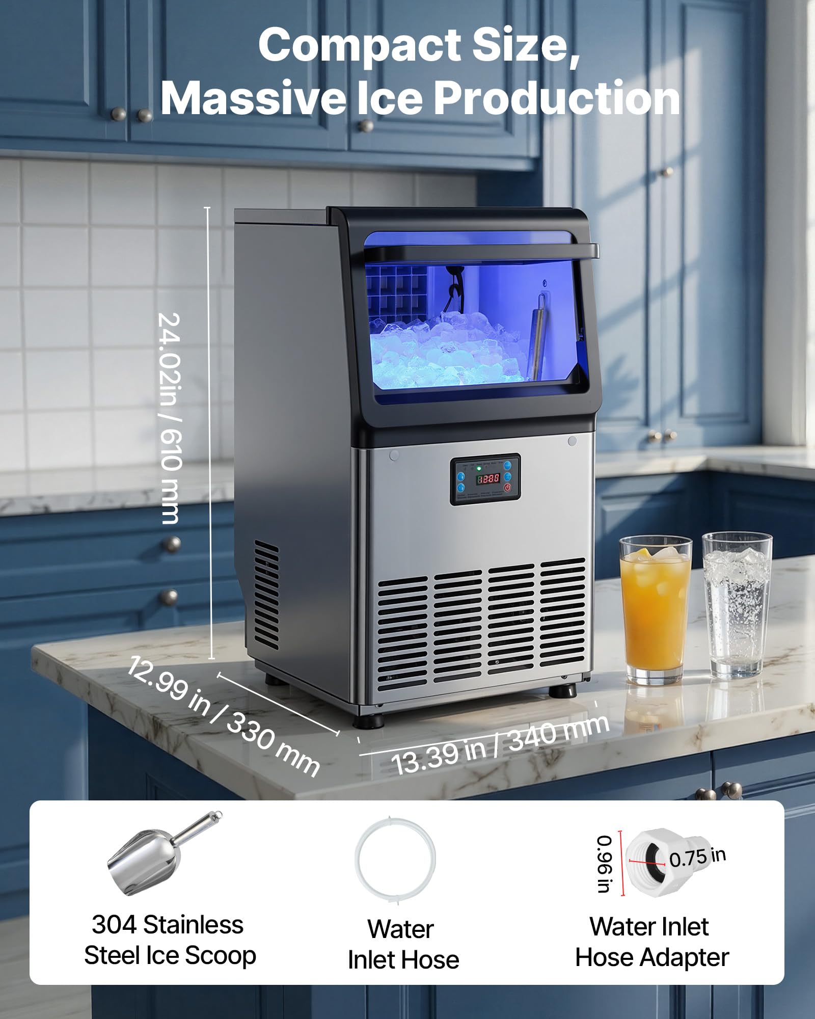VEVOR Macchina per Ghiaccio in Acciaio Inox 36kg/24h Stoccaggio 3-6kg Bar | Autoportante, Funzione Autopulente, Display LED, per Preparazione Bevande Fredde, Casa, Bar, Caffetterie, Ristorante, Feste