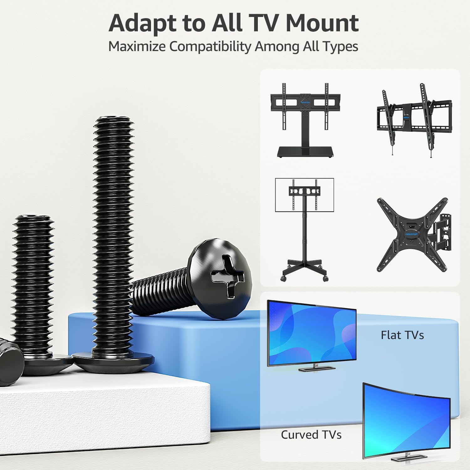 Diagram showing the versatility of the hardware kit to adapt to various TV mount types, including fixed, tilt, full-motion, and stand mounts, for both flat and curved TVs.
