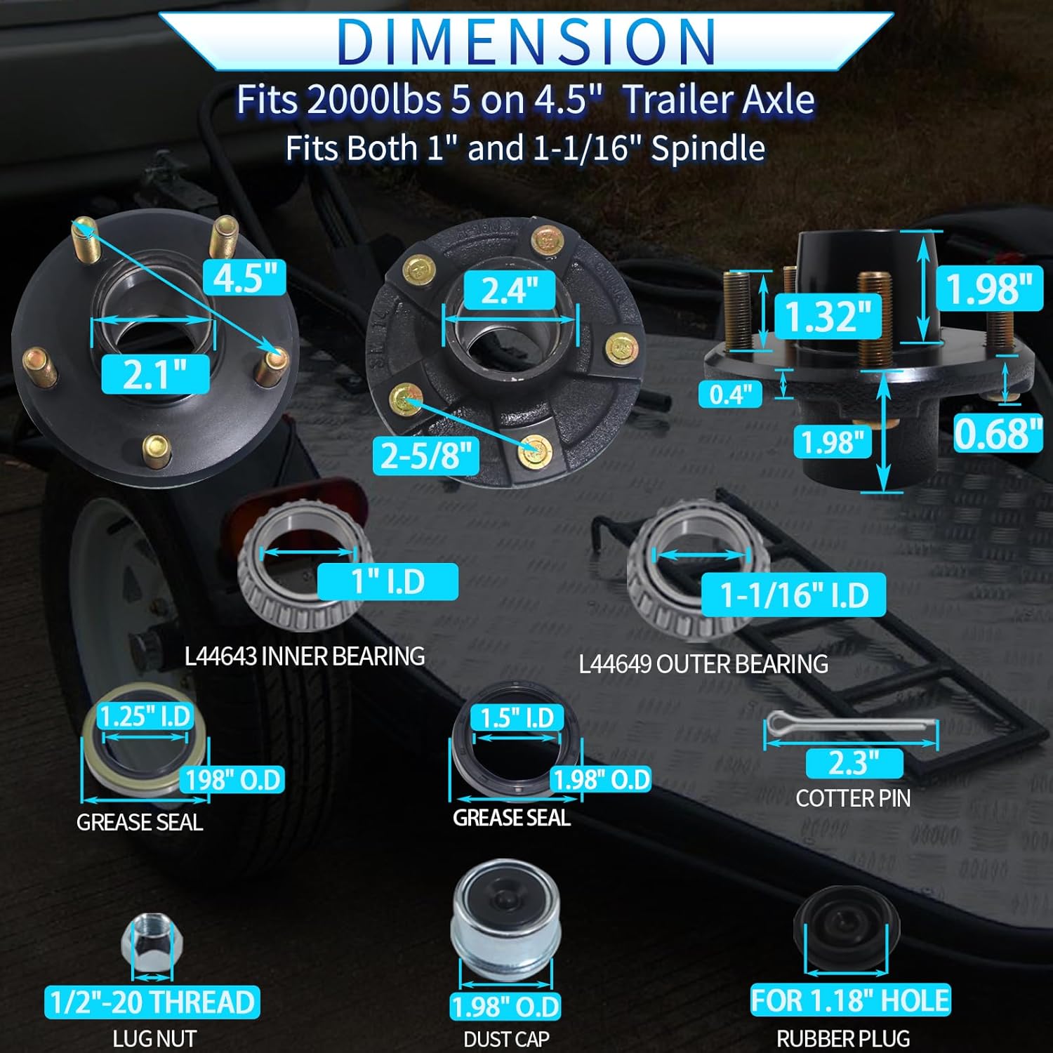 Trailer Hubs Kit 5 Lug 4.5 for 2000Lb 5x4.5 Trailer Axle Kit Fits 1" and 1-1/16" Straight Spindle 2 Sets