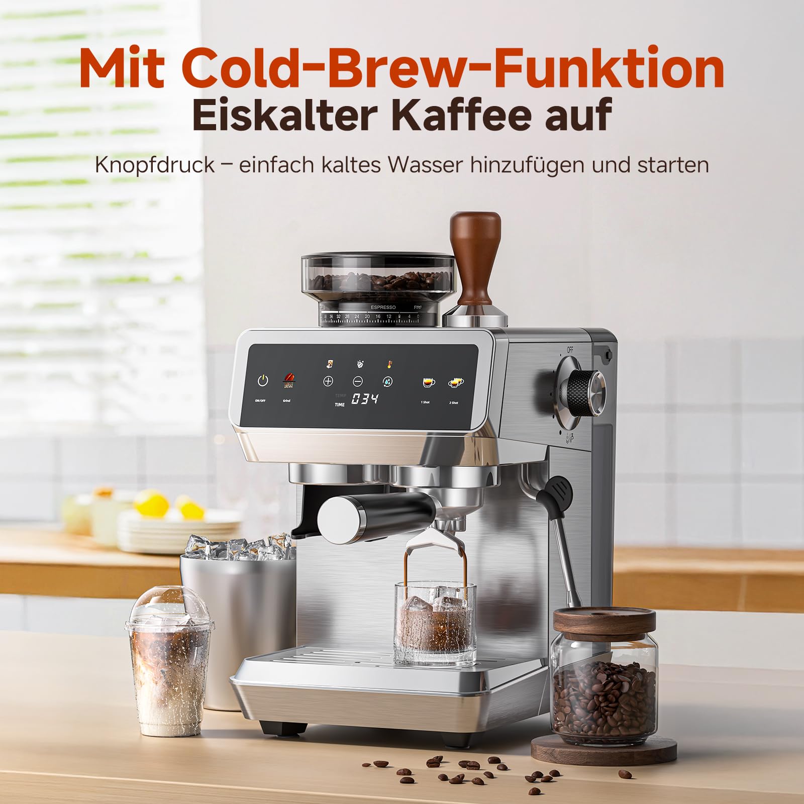 AMZCHEF Siebträgermaschine, 20 Bar Espressomaschine mit mahlwerk, 44 Mahlgrade, 4-Temperaturstufen,Cold Brew, 1,8L Tank,espressomaschine mit Milchaufschäumer, IMD Touch Screen,Edelstahl