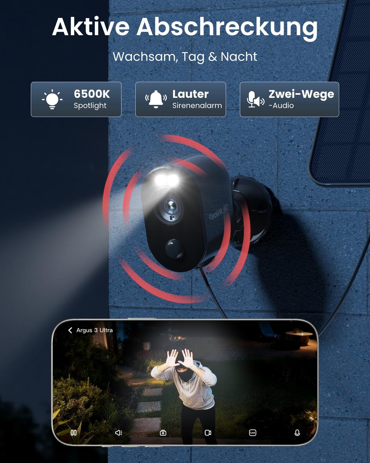 Reolink Überwachungskamera Aussen Akku Argus 3 Ultra(Schwarz) mit Solarpanel, 8MP Farbnachtsicht, Solar WLAN Kamera Outdoor mit 2,4/5GHz WiFi, KI-Erkennung, Alarm-Filter, Spotlights, 2-Wege-Audio