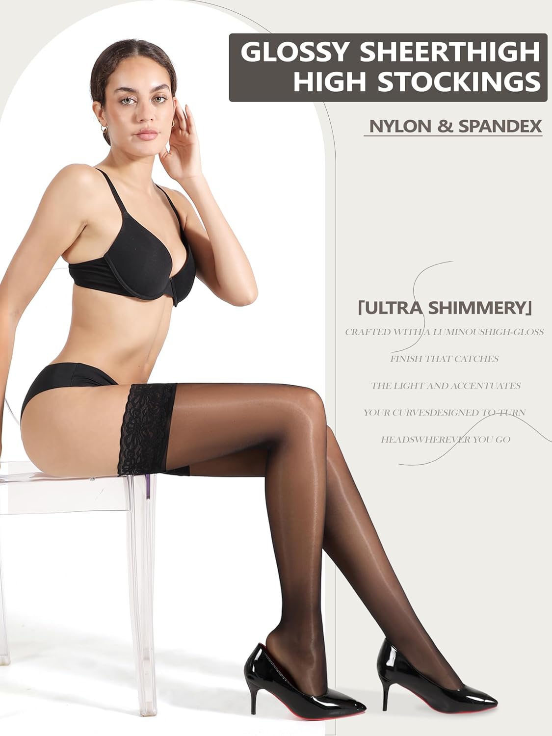 Silk Thigh High Stockings for Women, Shiny Reinforced Lace Top Tights with Anti-Slip Silicone, Sexy Sheer Lingerie - Image 5