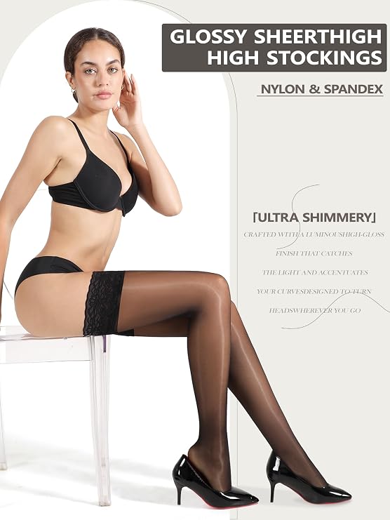 Silk Thigh High Stockings for Women, Shiny Reinforced Lace Top Tights with Anti-Slip Silicone, Sexy Sheer Lingerie