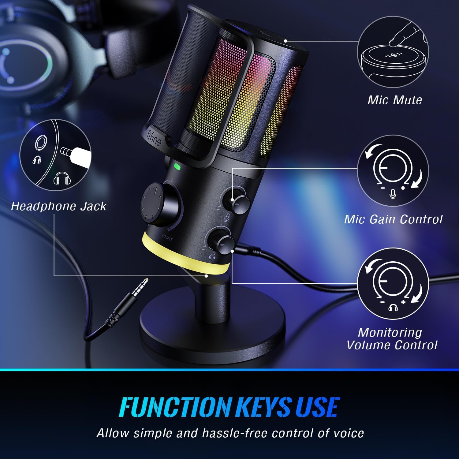 FIFINE AM6 AMPLIGAME RGB Gaming Mikrofon - Oyun/Sohbet Ses Dengesi - USB Yayın ve Kayıt Mikrofonu - Gürültü Önleyici PC Masaüstü Mikrofon - Twitch/Discord/Podcast için - PS4/PS5 Uyumlu