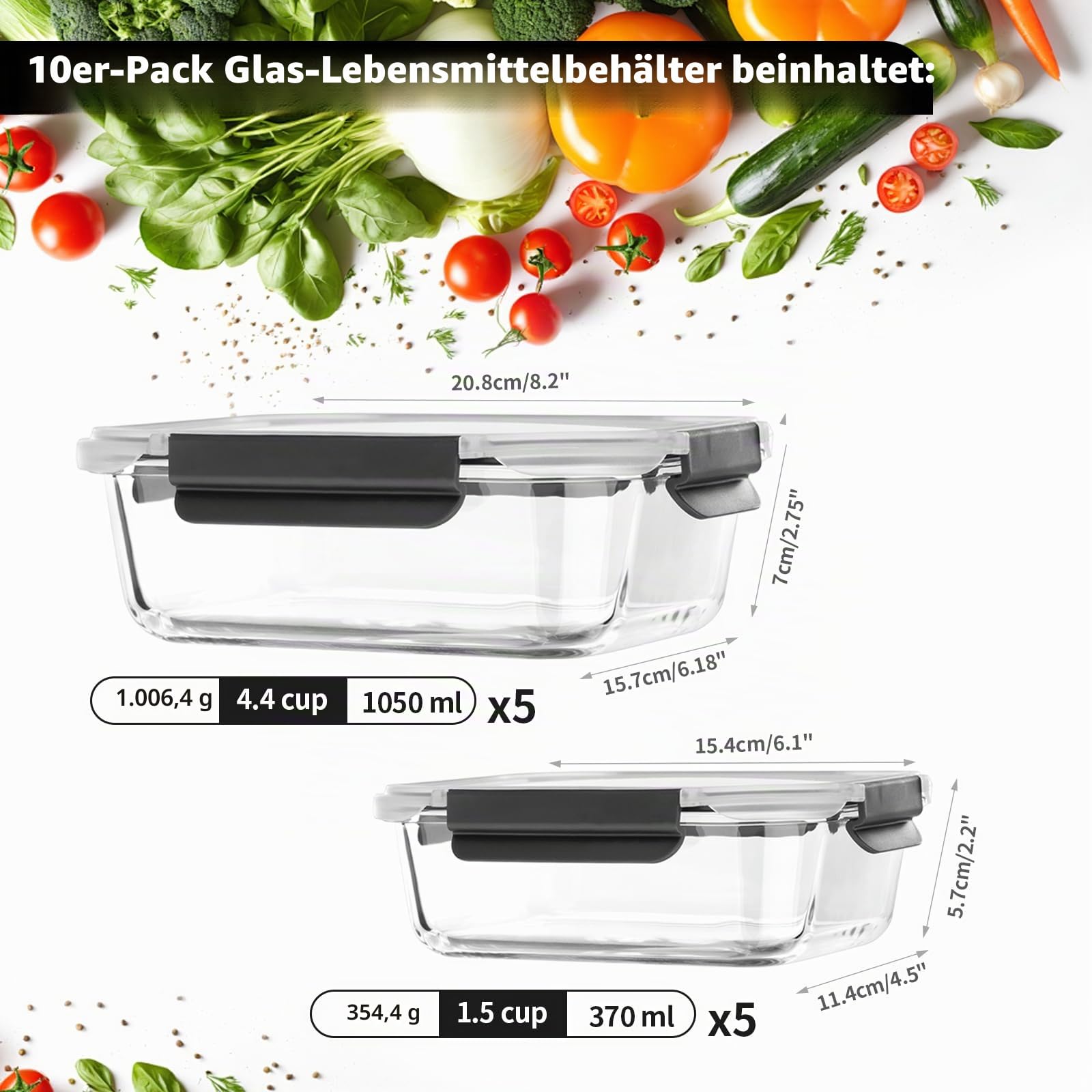GENICOOK Glas-Frischhaltedosen mit Deckel, Glas-Mahlzeiten-Vorbereitungsbehälter-Set mit auslaufsicheren Deckeln, luftdichter Lunchbehälter für Küche, Mikrowelle, Ofen, Gefrierschrank,