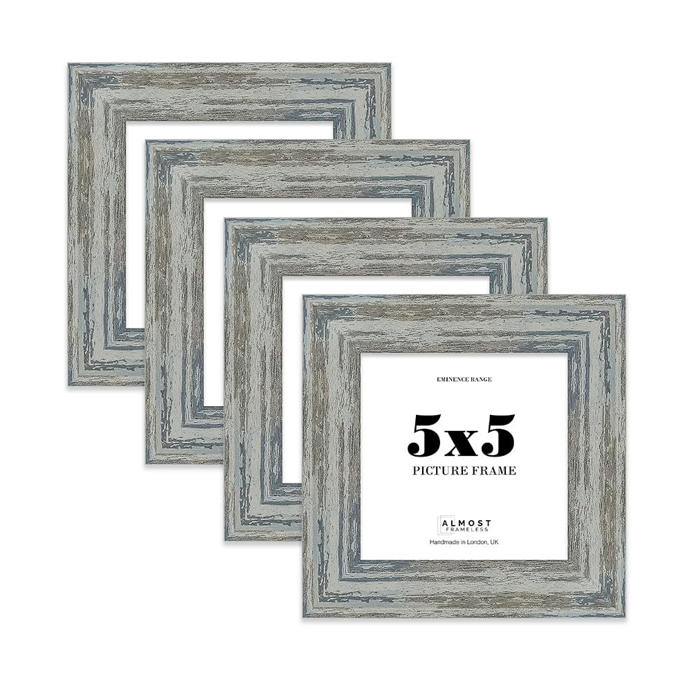 5x5 Distressed Blue Picture Frame - Rustic Wood Industrial Effect Photo Frame for Wall Display, Ideal for Posters, Prints & Home Décor, Wall Hooks and Kickstand, 32mm Edge - 4 Pack