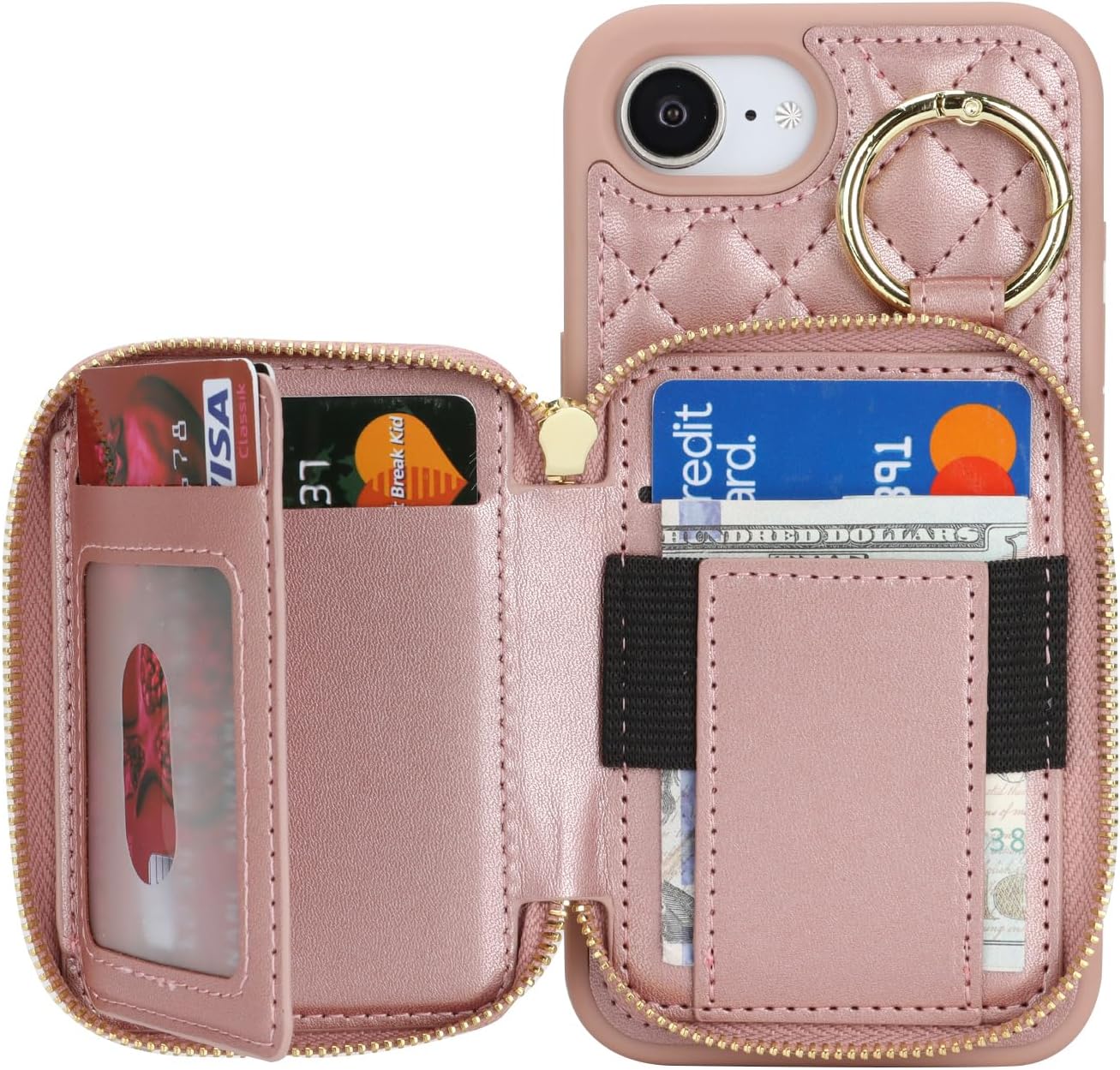 for iPhone 17e/16e Case Wallet with Card Holder,for iPhone 17e/16e Phone case Wallet with Zipper with Slot Kickstand Stand Case for Women and Man 5G 6.1 Inch-Rose Gold