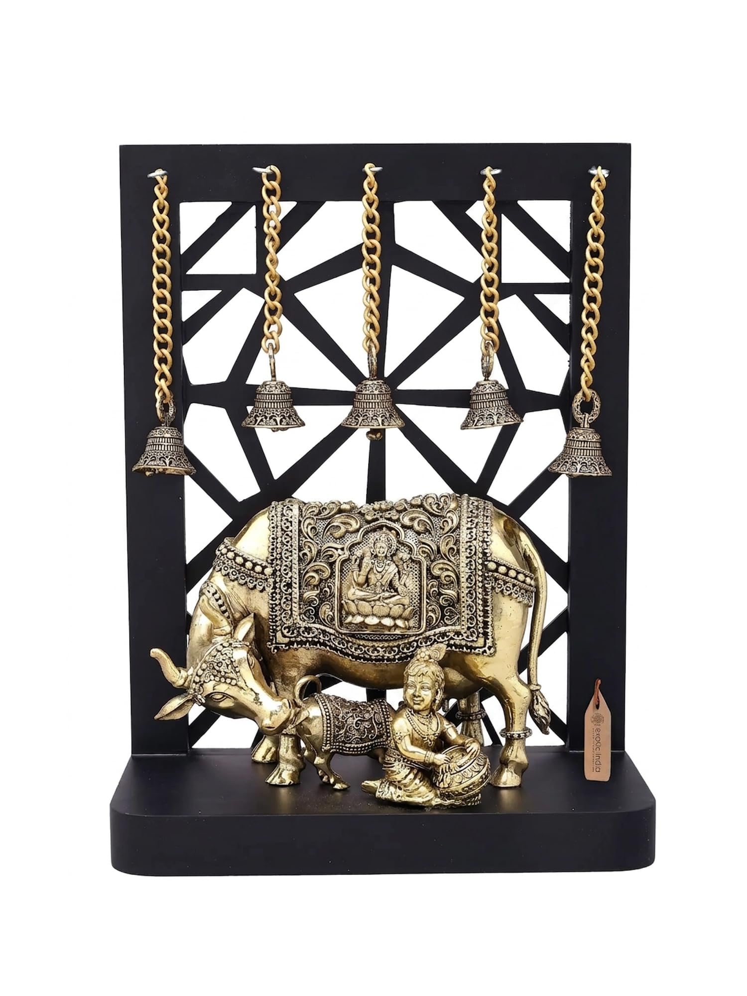 Exotic India Superfine Bal Krishna with Kamadhenu Cow and Calf in Brass | Brass Idol for Home Décor, Puja & Spiritual Gifting