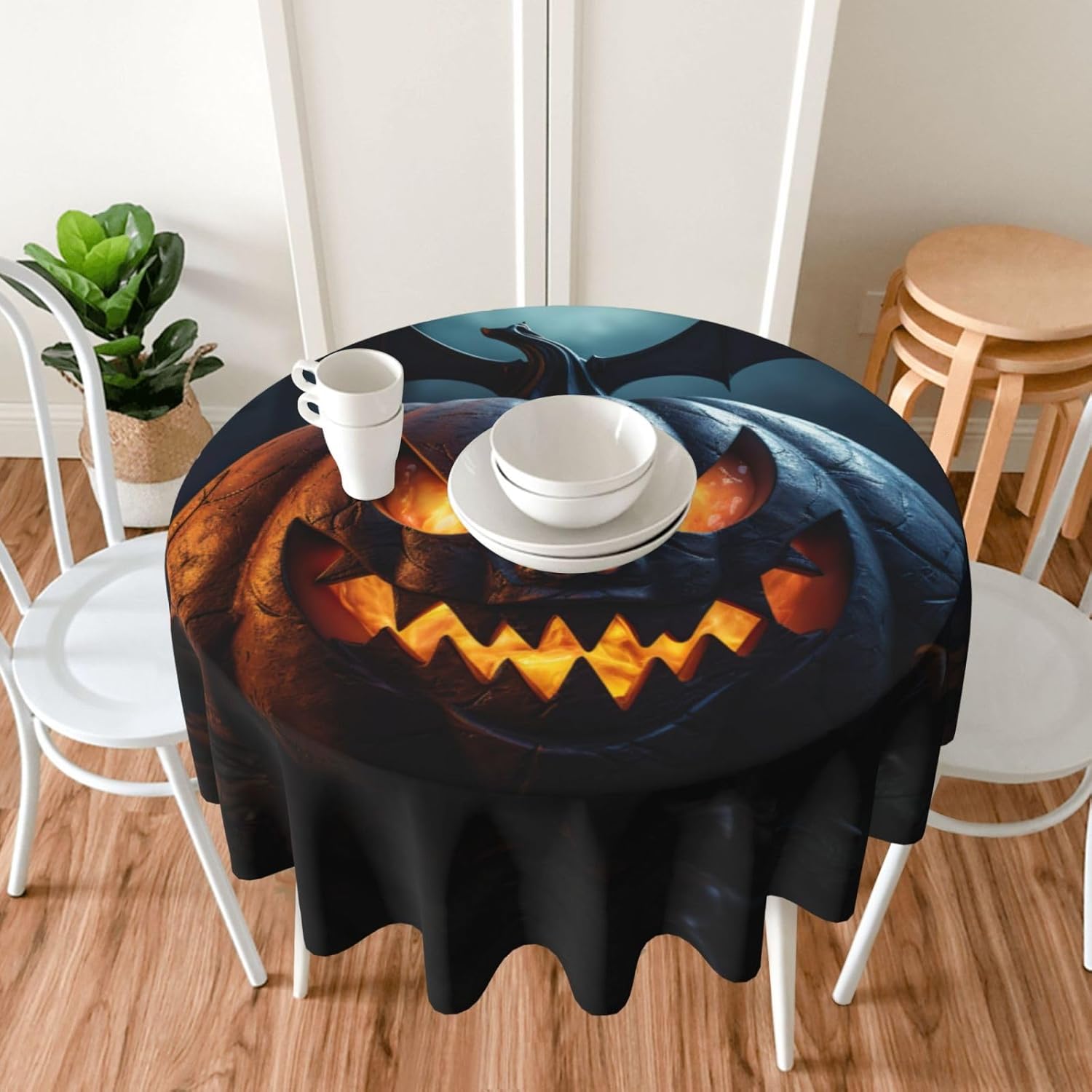 Spider Pumpkin Print Wrinkle Free Dining Table Cover for Birthday Party Farmhouse Tablecloths Up to 60 x 60 Inches
