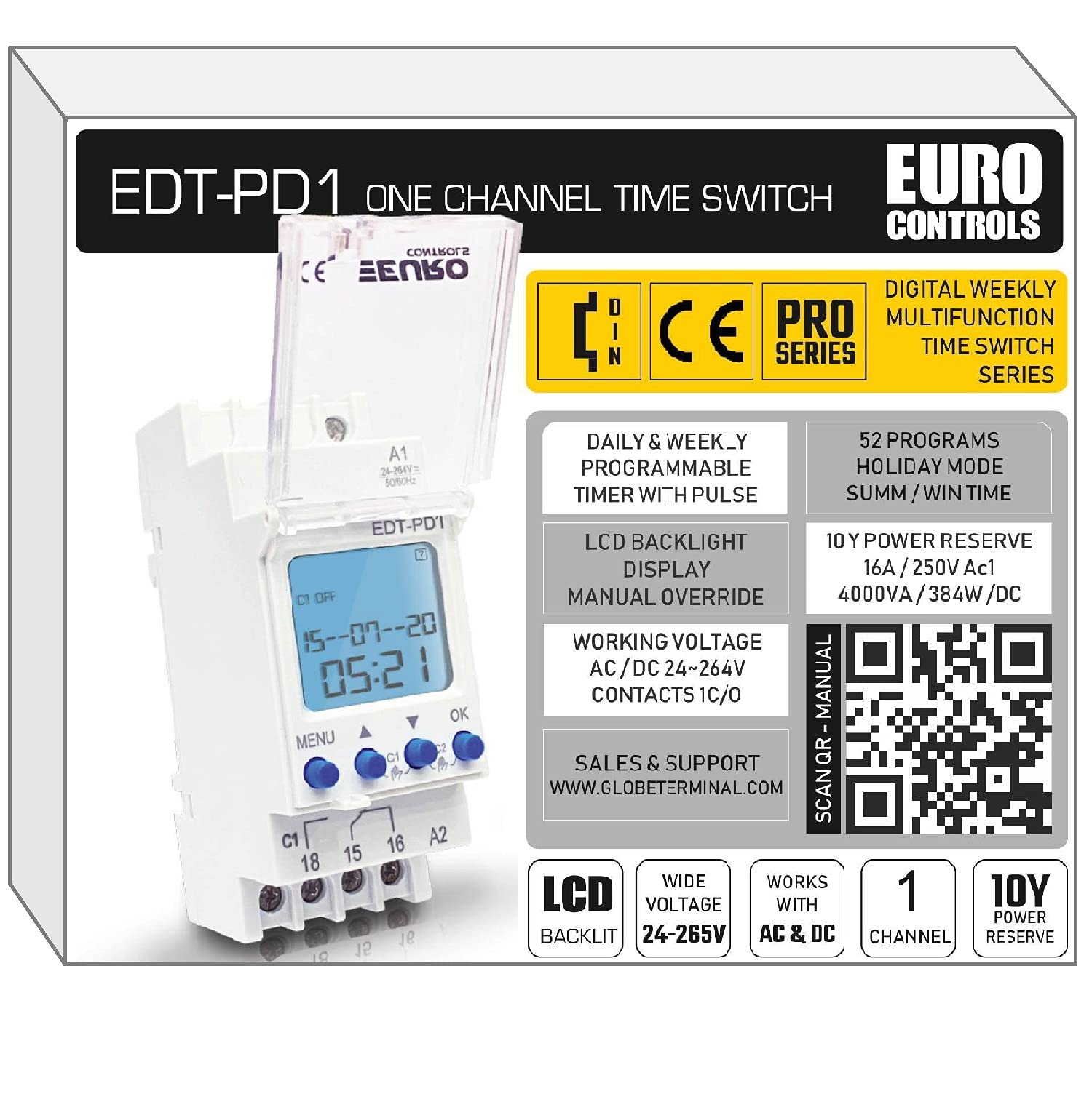 EuroControls Euro EDT-PD1 German Tech - 24 to 265 V AC/DC - LCD Backlit - 50 Programs Daily/Weekly/Pulse/Holiday Modes - Programmable Electronic Timer Switch with Volt Free Output Option