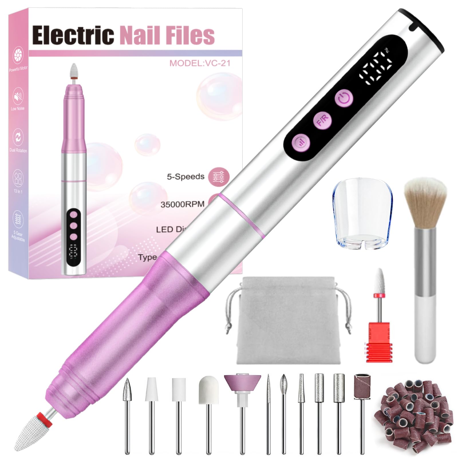 Oukzon Nagelfräser Kabellos, 35000 U/Min Fräser Nägel, 13 in 1 Elektrische Nagelfeile Professionell Nail Drill, Nagelfräser für Gelnägel und Acrylnägel, 5 Geschwindigkeiten, Maniküre Set Elektrisch
