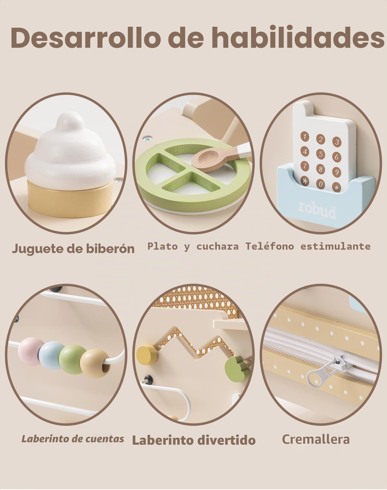 ROBUD Andador de madera 2 en 1 con muñeco, actividad Montessori, freno de seguridad y juguete para motricidad infantil