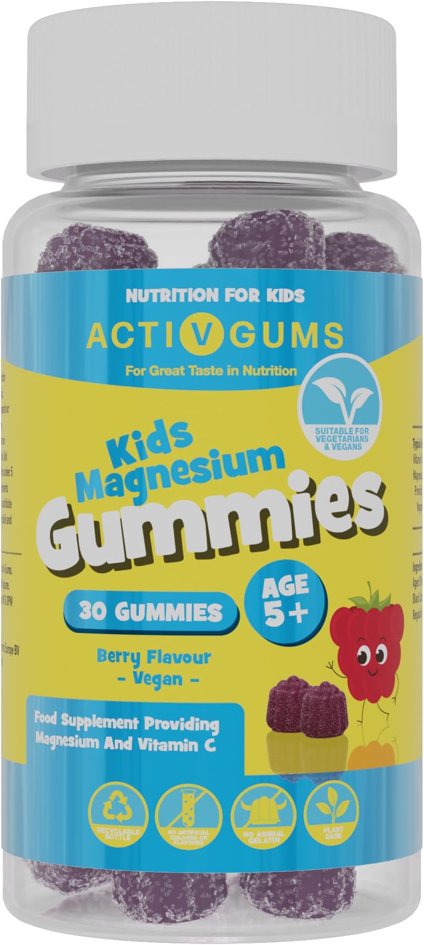 Kids Magnesium 30 Vegan Gummies | Magnesium Citrate 1250mg & Vitamin C 80mg | Supports Sleep, Bones, Immune, Energy & Cognition | Resealable & Recyclable Pouch | Suitable for Kids Age 5+ by ActivGums®