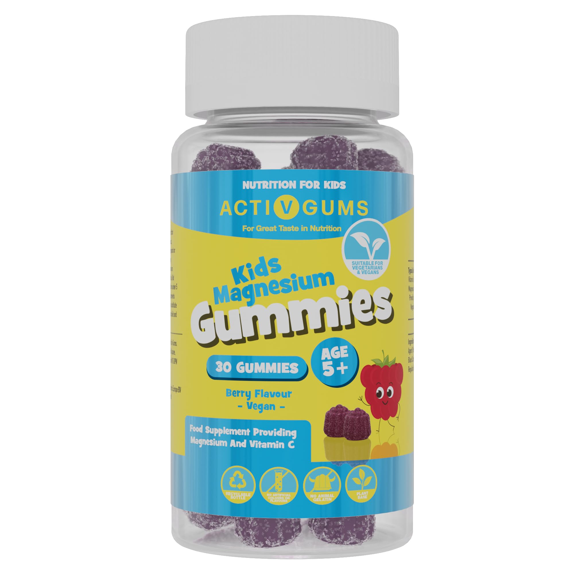Kids Magnesium 30 Vegan Gummies | Magnesium Citrate 1250mg & Vitamin C 80mg | Supports Sleep, Bones, Immune, Energy & Cognition | Resealable & Recyclable Pouch | Suitable for Kids Age 5+ by ActivGums®