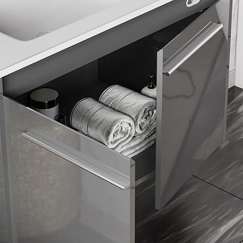 Miniatura 8 de AMERLIFE Tocador de baño flotante LED de 31 pulgadas con fregadero, fregadero individual de alto brillo montado en la pared, gabinete de tocador de