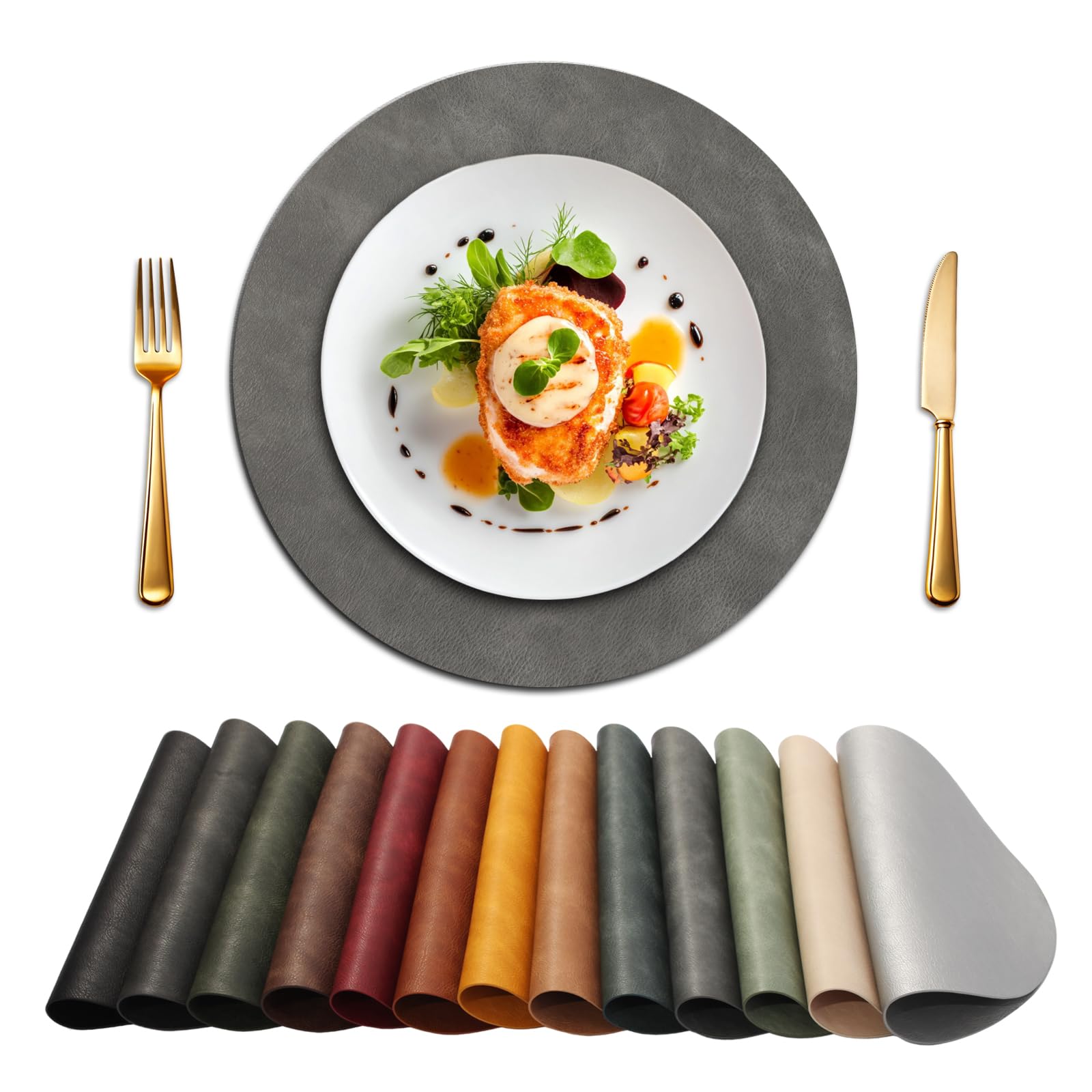 UnivoColors Placemats Round Faux Leather Placemats Set of 6-Waterproof-Wipe Clean-Heat Resistant-Anti Slip Dining Table Place Mats,Suitable for Indoor
