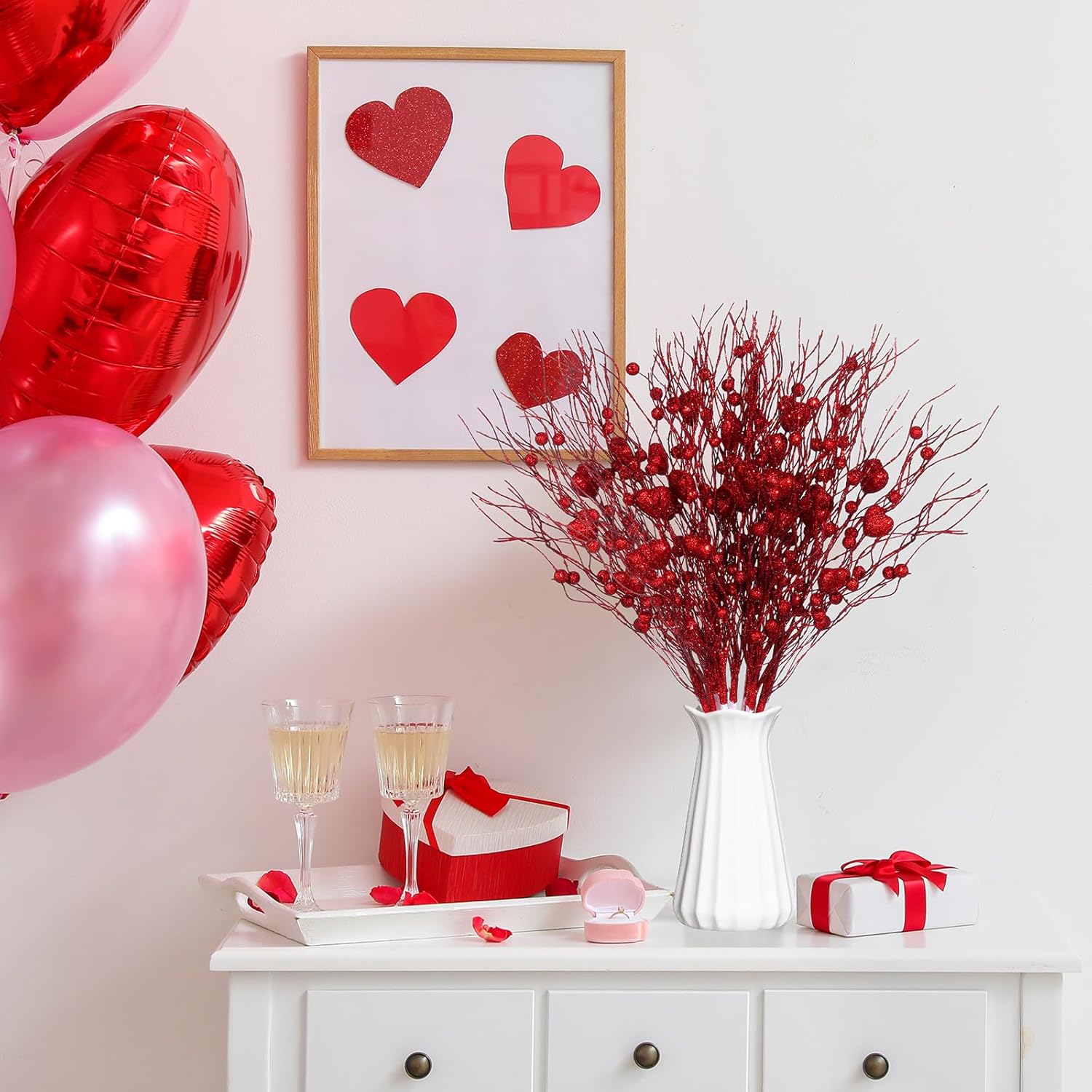 Geyoga 12 Pcs Floral Picks 16 Inch Glitter Heart Picks Bulk Red Pink Heart Shaped Berry Stem Picks for Tree Topper Wedding Table Vase Decor (Red)