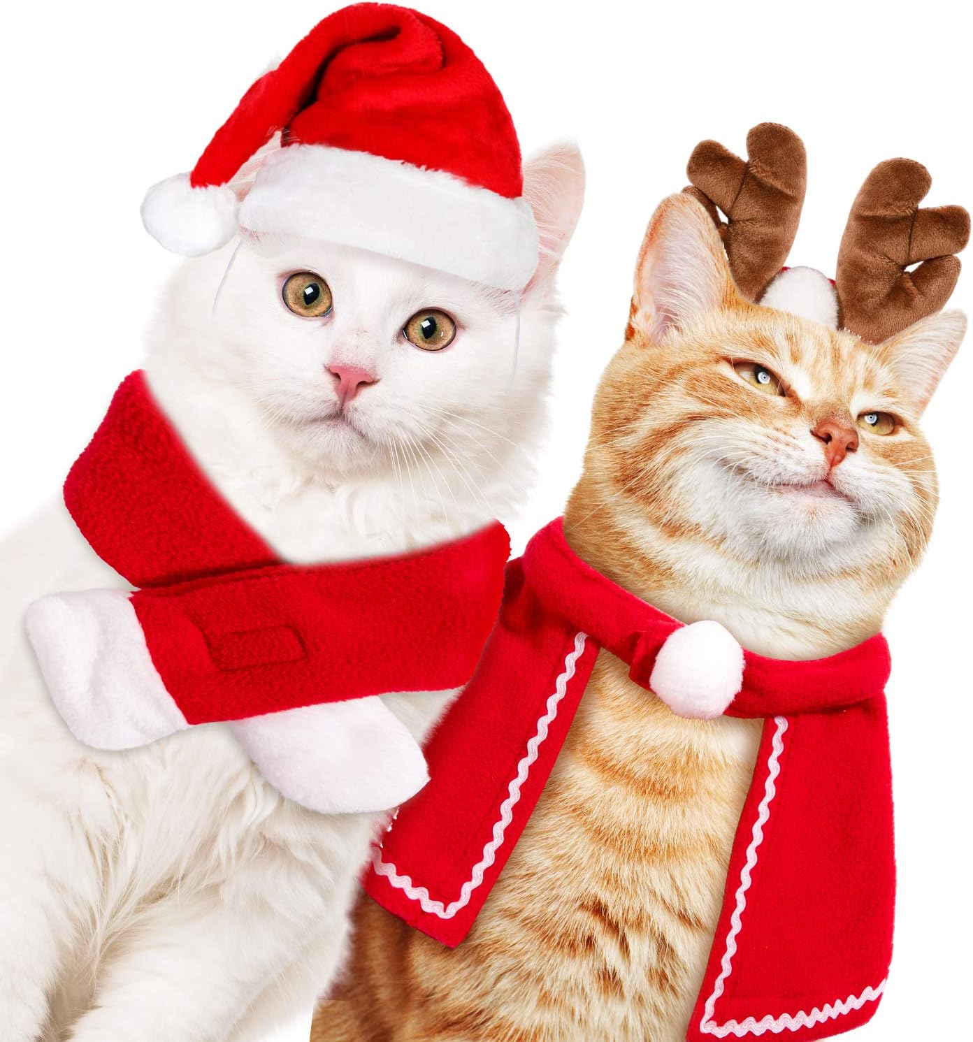 Whaline Pet Christmas Costume Outfit Set Reindeer Antlers Headband Santa Christmsas Hat Red Scarf and Pet Cloak for Dog Cat Pet Christmas Party Cosplay Supplies, 4 Pack