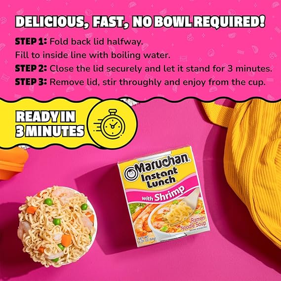 Maruchan Instant Lunch Ramen Noodles, Shrimp Flavor Japanese-Style Instant Noodle Soup, Easy Meal Ready in 3 Minutes 2.25 Oz. (12 Pack)