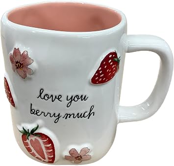 Rae Dunn Valentines Day Coffee Mug, Love You Berry Much, Strawberries & Flowers Design, White Ceramic with Pink Interior