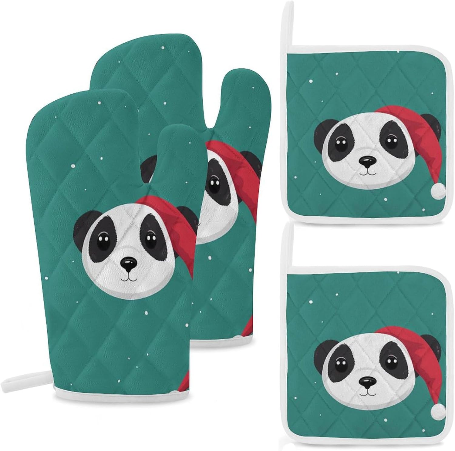 Christmas Panda 4 Pcs Oven Mitts and Pot Holders Set High Heat Resistant Long Kitchen Oven Glove Potholders