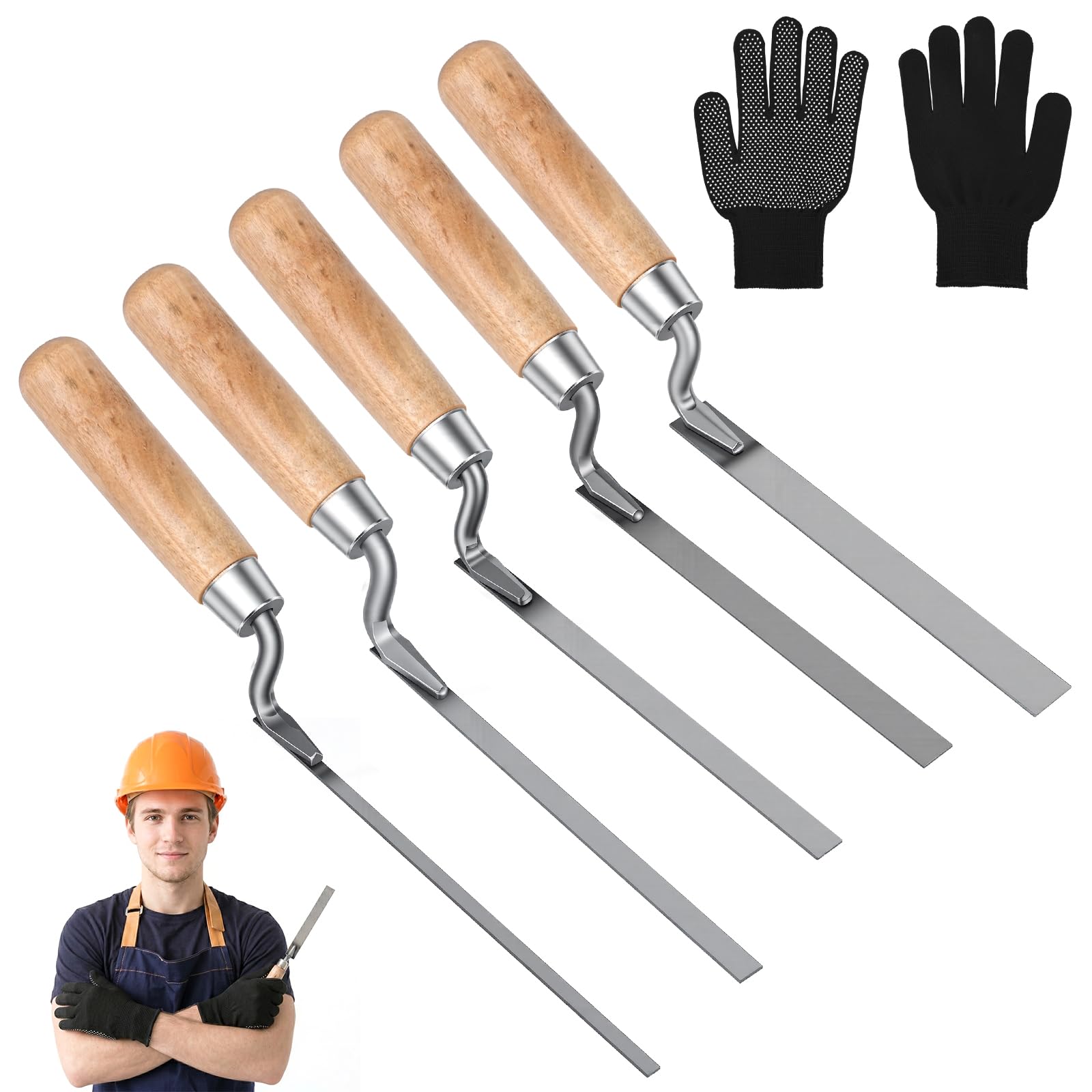5 Stücke Fugenkelle Set, Fugenkellen & Brick Jointer mit Handschuhen, Holzgriff Fugeisen Kelle, 6/8/10/12/15mm Maurerwerkzeug für Pointing Mortar & Tiling Tools, Zement und Verfugungswerkzeug