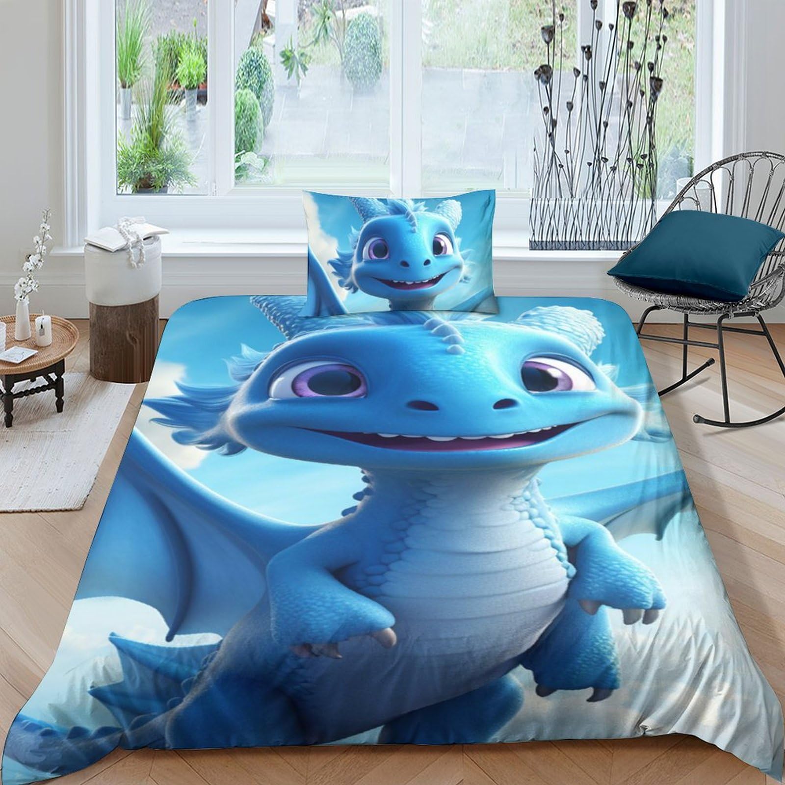 Housse de couette enfant dragon parure de lit 3D garçon fille 135x200cm