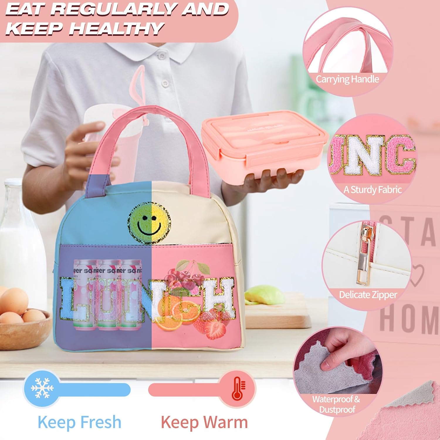 Kolewo4ever 77 Pieces Bento Box Lunch Box Kit Pink White Insulated Lunch Bag 3 Layer Stackable Leakproof Lunch Box Containers with Cup,Lunch Bag,Spoon,Fork,60 Pieces Lunch Box Notes for(Pink White) image 4