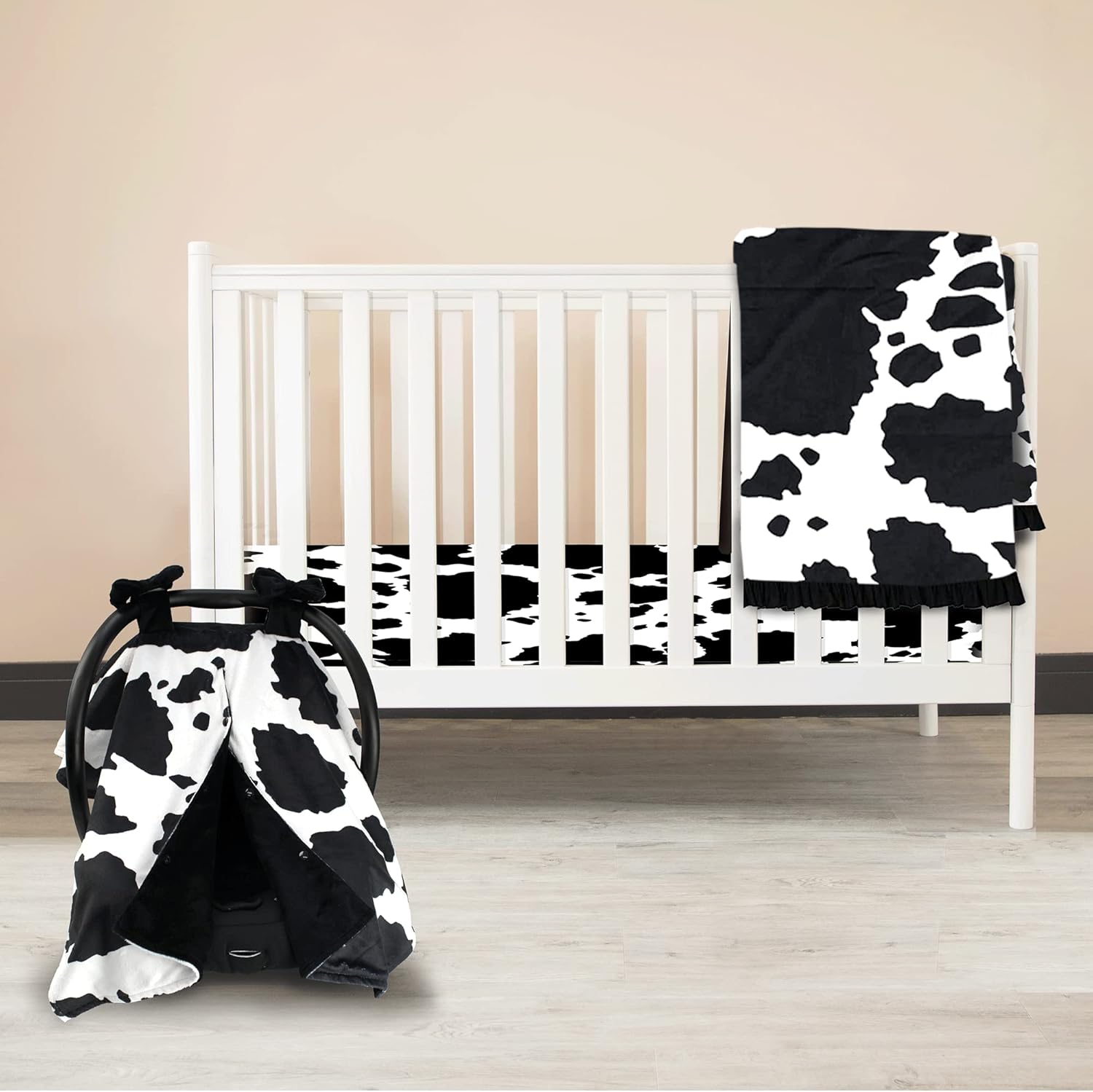 Dear Baby Gear Bundle: 1 Deluxe Crib Sheet, Black White Holstein Cow Print - 1 Car Seat Canopy, Snap Button Opening - 1 Custom Print Baby Blanket - 3 Items in Black and White Holstein Cow Print