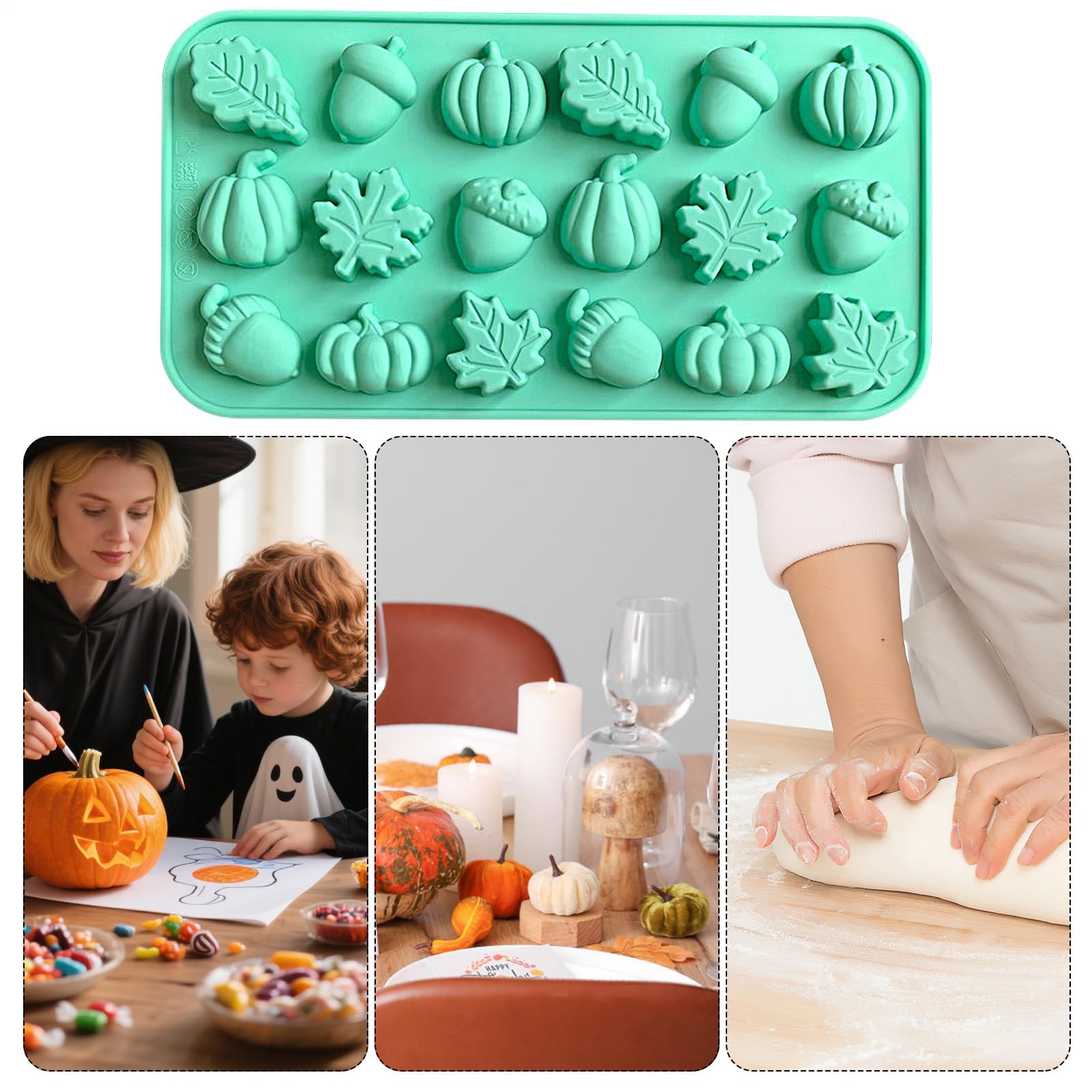 Stampi in silicone per zucca Tema autunnale del Ringraziamento Vassoio per cubetti di ghiaccio Stampo in silicone per muffin Stampo per decorazione torta di raccolta di cioccolato  15
