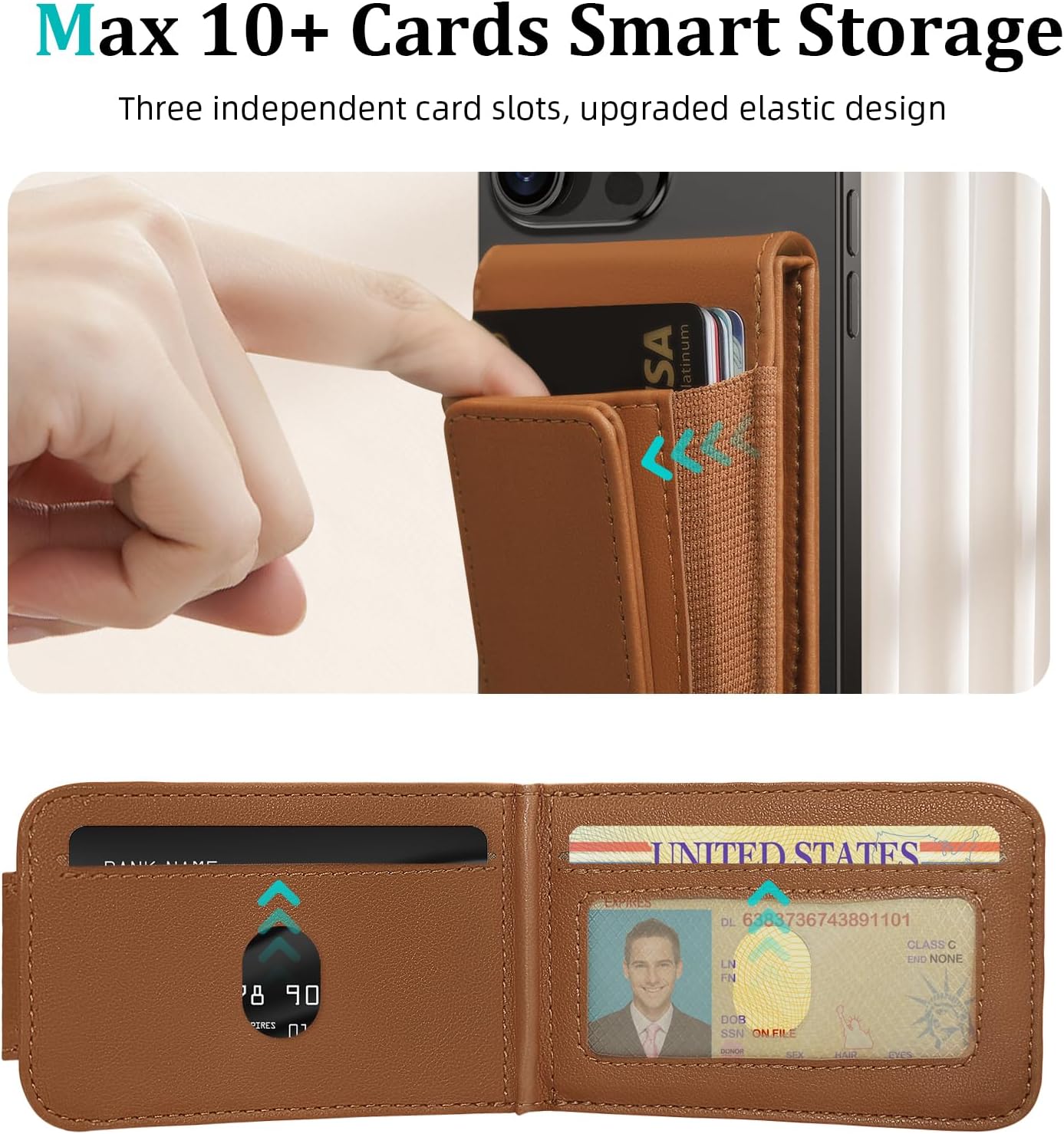 for MagSafe Wallet, Magnetic Phone Wallet with Adjustable Stand & Money Clip, Detachable Magnetic Wallet for iPhone 16/15/14/13/12 Pro Max Plus, 10+ Cards Holder