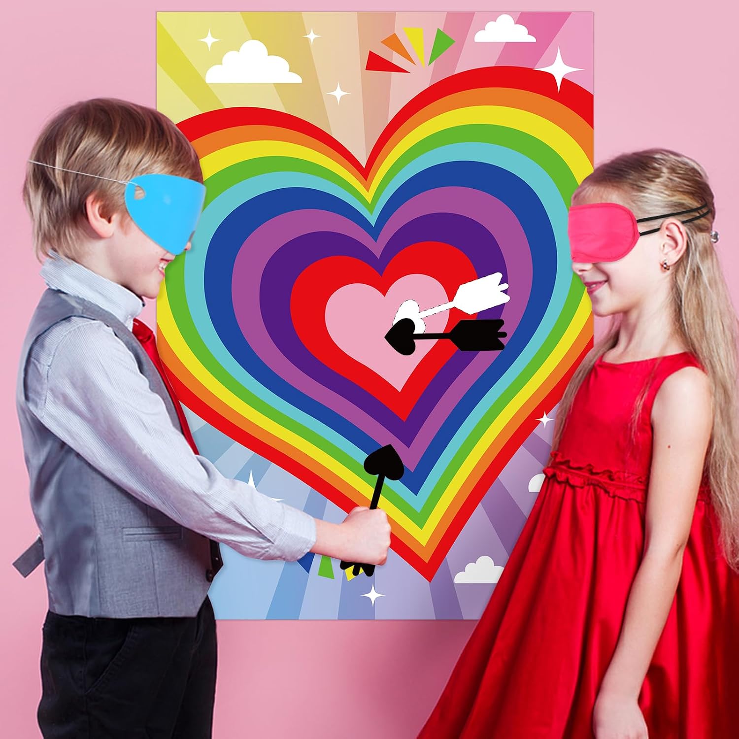 Hooqict Valentines Games for Kids Pin The Arrow on The Heart Valentines Day Party Games Supplies, Large Valentines Pin Game Poster with 30 Arrow Stickers