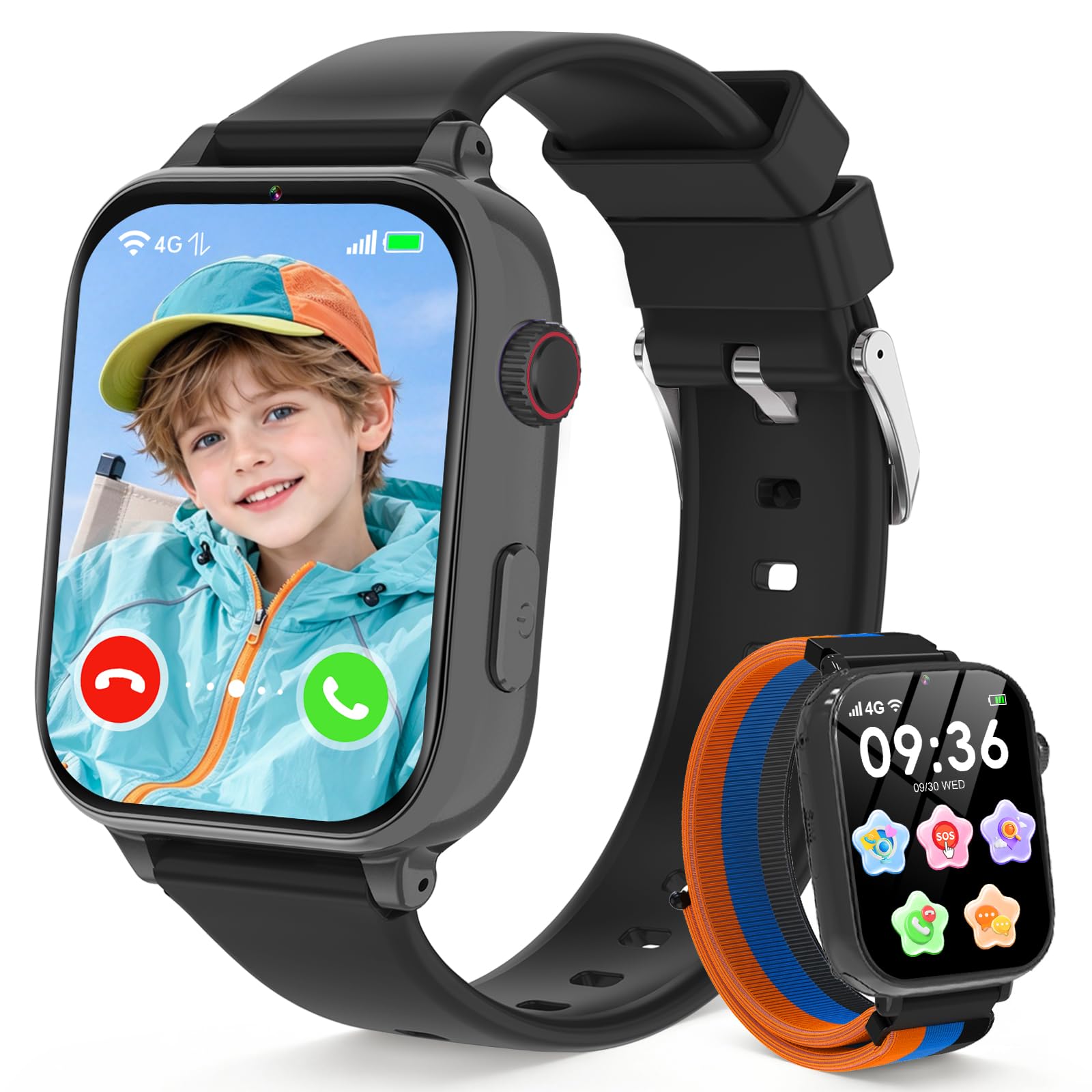 4G Smartwatch Kinder mit GPS Videoanruf SOS Notruf Voice Chat, Schwarz