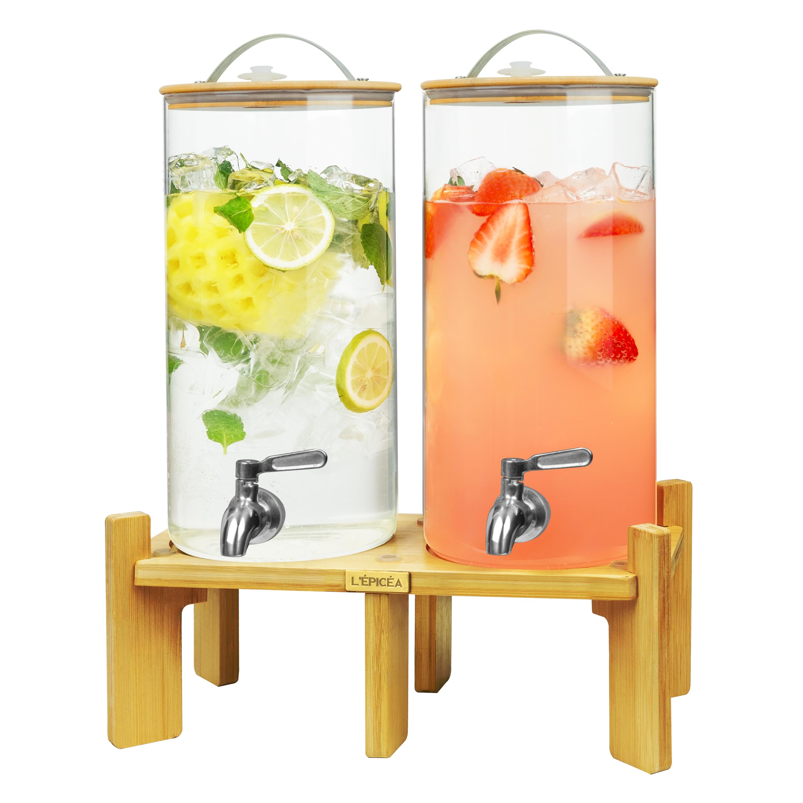 L'ÉPICÉA 1.5 Gallon Drink Dispenser for Parties 2 Pack, Beverage Dispenser Set of 2, Glass Drink Dispenser with Wood Stand, Large Drink Dispenser with Stainless Steel Spigot 100% Leakproof, Wood Lid.