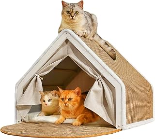 LUNNTE 4 Seasons Indoor Cat House Bed Cave with Sisal Scratcher Mat, Solid Wood Frame, Curtains & Plush Rug - Furniture Protector