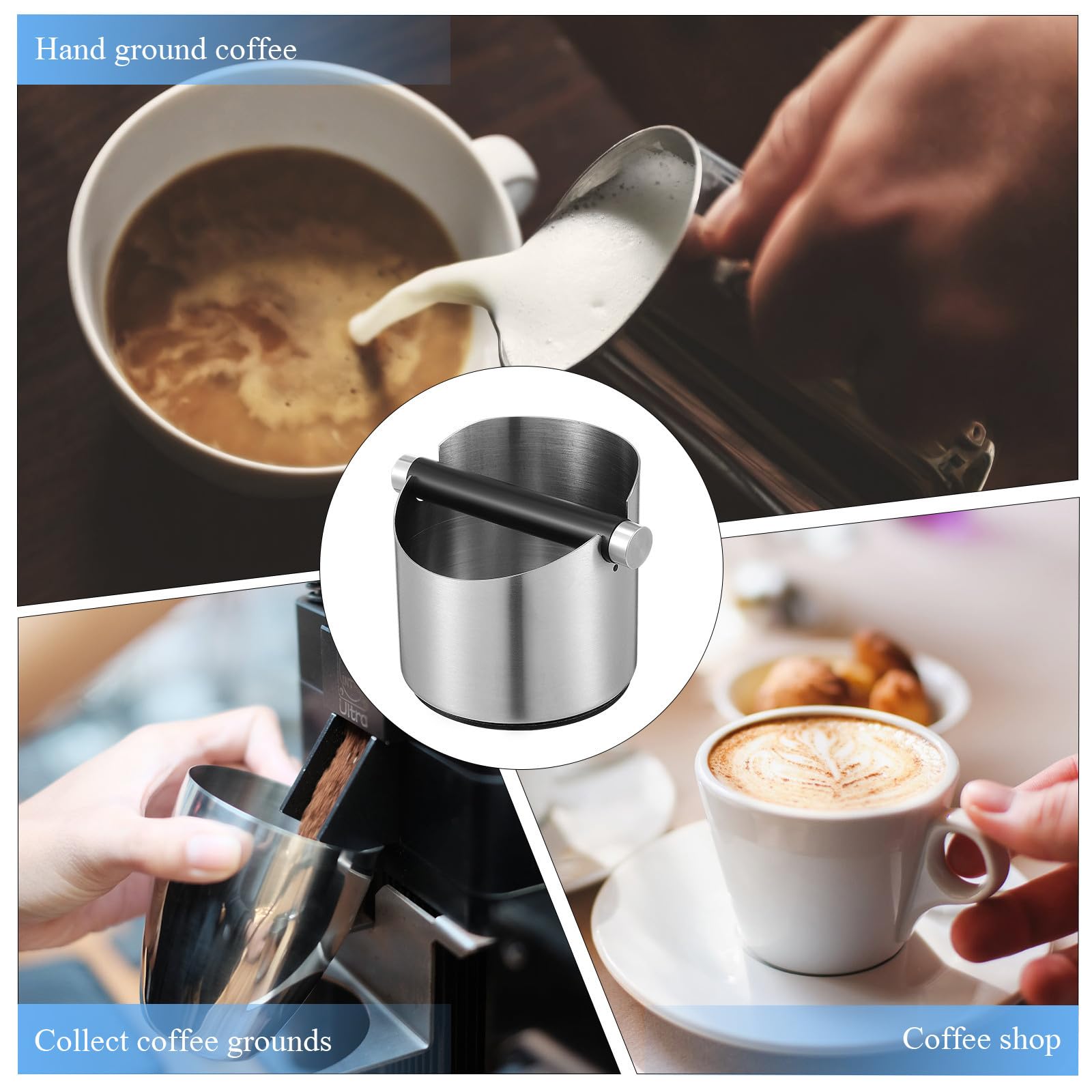 Hohopeti Acero Inoxidable Cubo de Restos de Café con Barra Extraíble | Base Antideslizante de Silicona, Estructura Estable y Uso Fácil, para Restaurantes y Bares