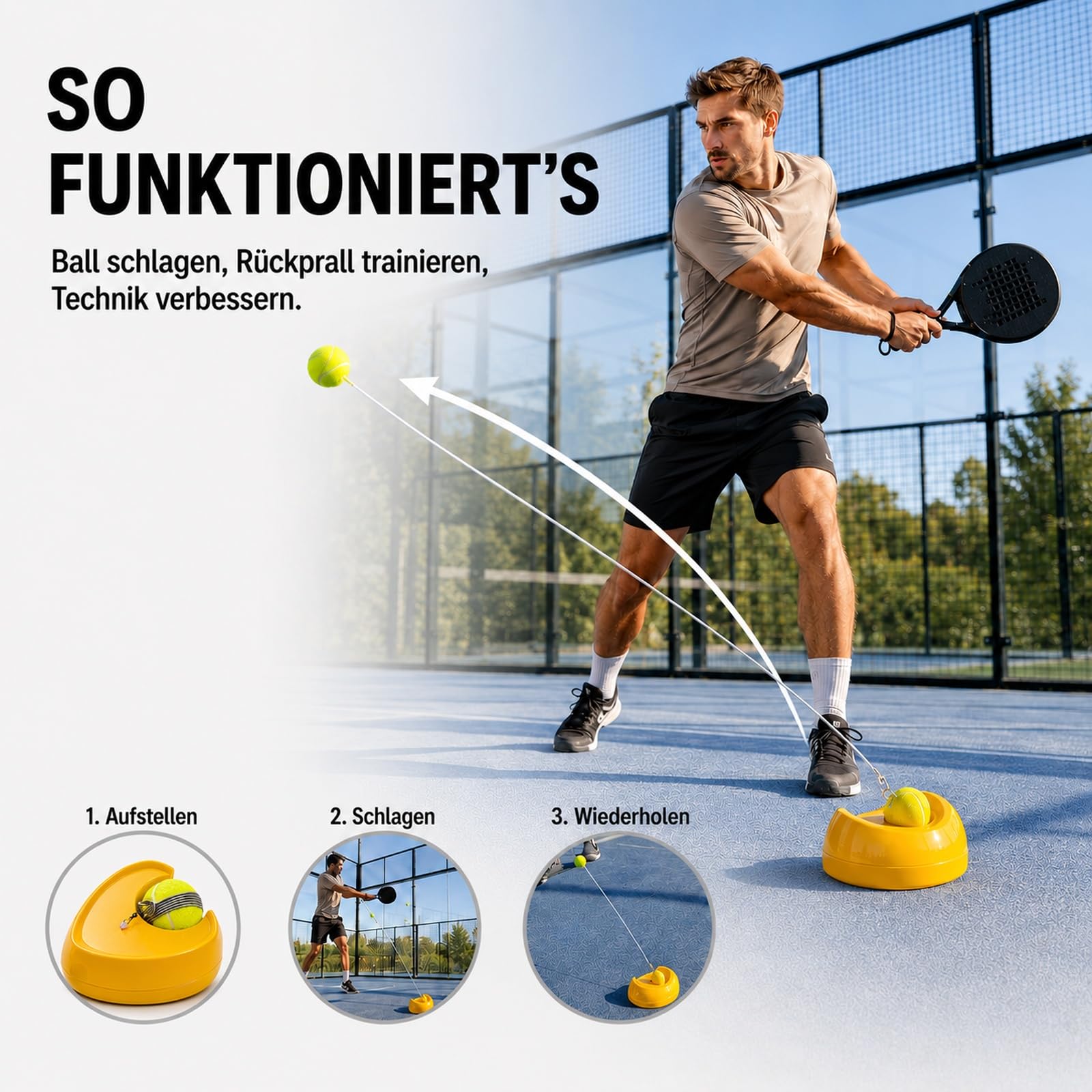 Tennis Trainer Set mit Ball an Schnur – Tennistrainer mit standfester Basis ohne Wasserbefüllung, 2 m Schnur + Ersatzball mit 4 m Schnur, Beutel, Solo Trainingsgerät für Tennis & Padel