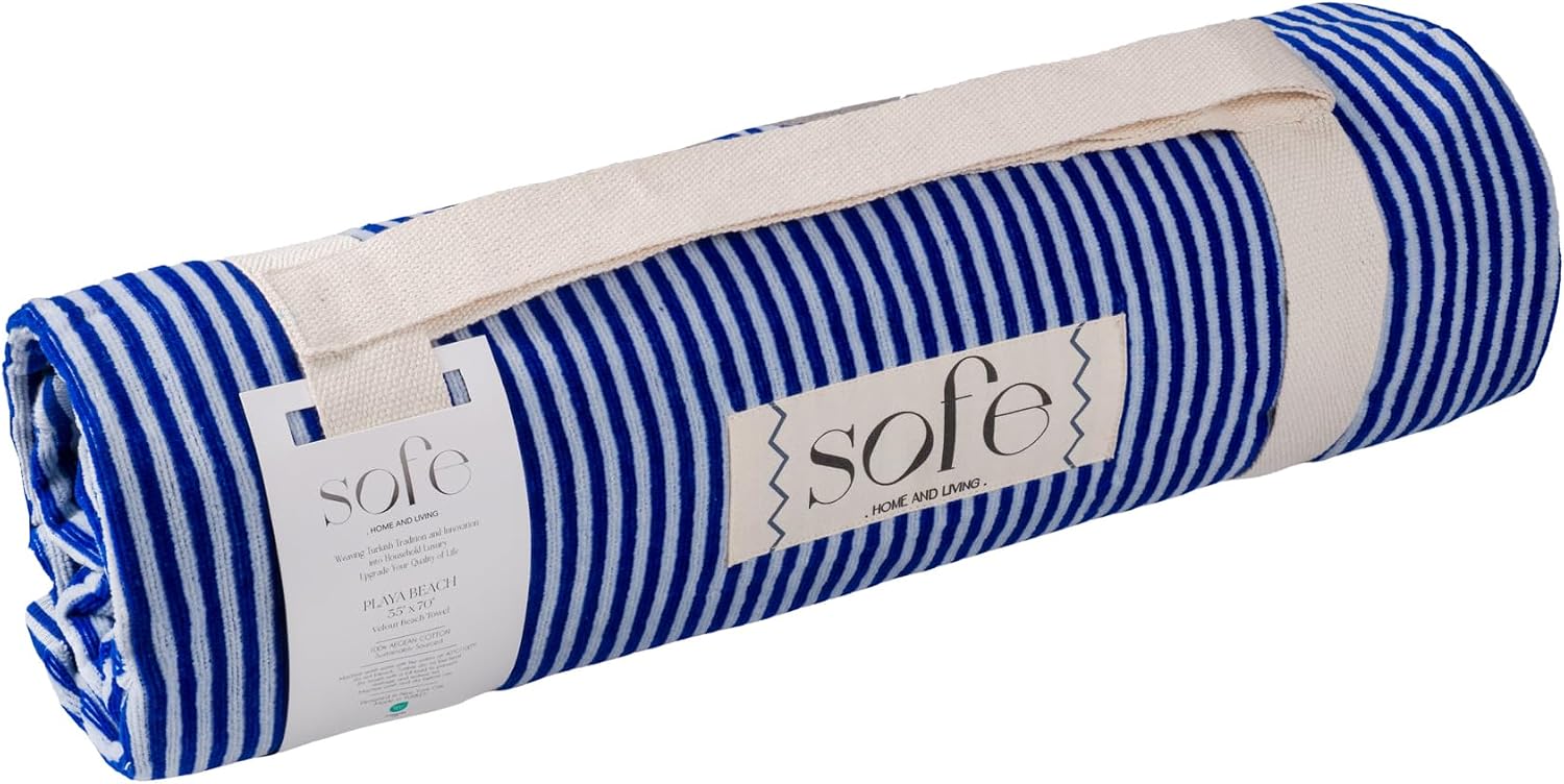 SOFE H&L | Playa Velour Large Beach Towel Pack of 1 (35” x 70”) Striped - Blue | Thick, Premium, Fade Resistant, Durable | Luxury Resort Quality Pool Towel, Turkish Beach Towel with Shoulder Strap