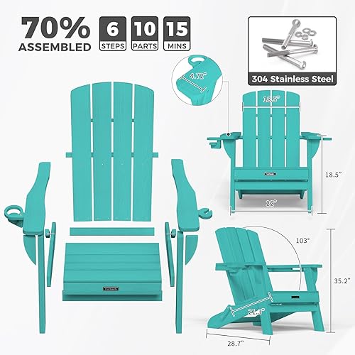 Miniatura 3 de Silla Adirondack plegable con textura de madera, sillas Adirondack de plástico con soporte para 2 tazas, sillas para hoguera de polietileno de alta