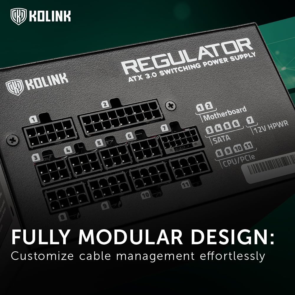 Kolink Zasilacz serii REGULATOR, 80 PLUS Gold, ATX 3.0, w pełni modułowy, PCIe 5.0, 12VHPWR, 100% Japońskie kondensatory, 140mm, 850W