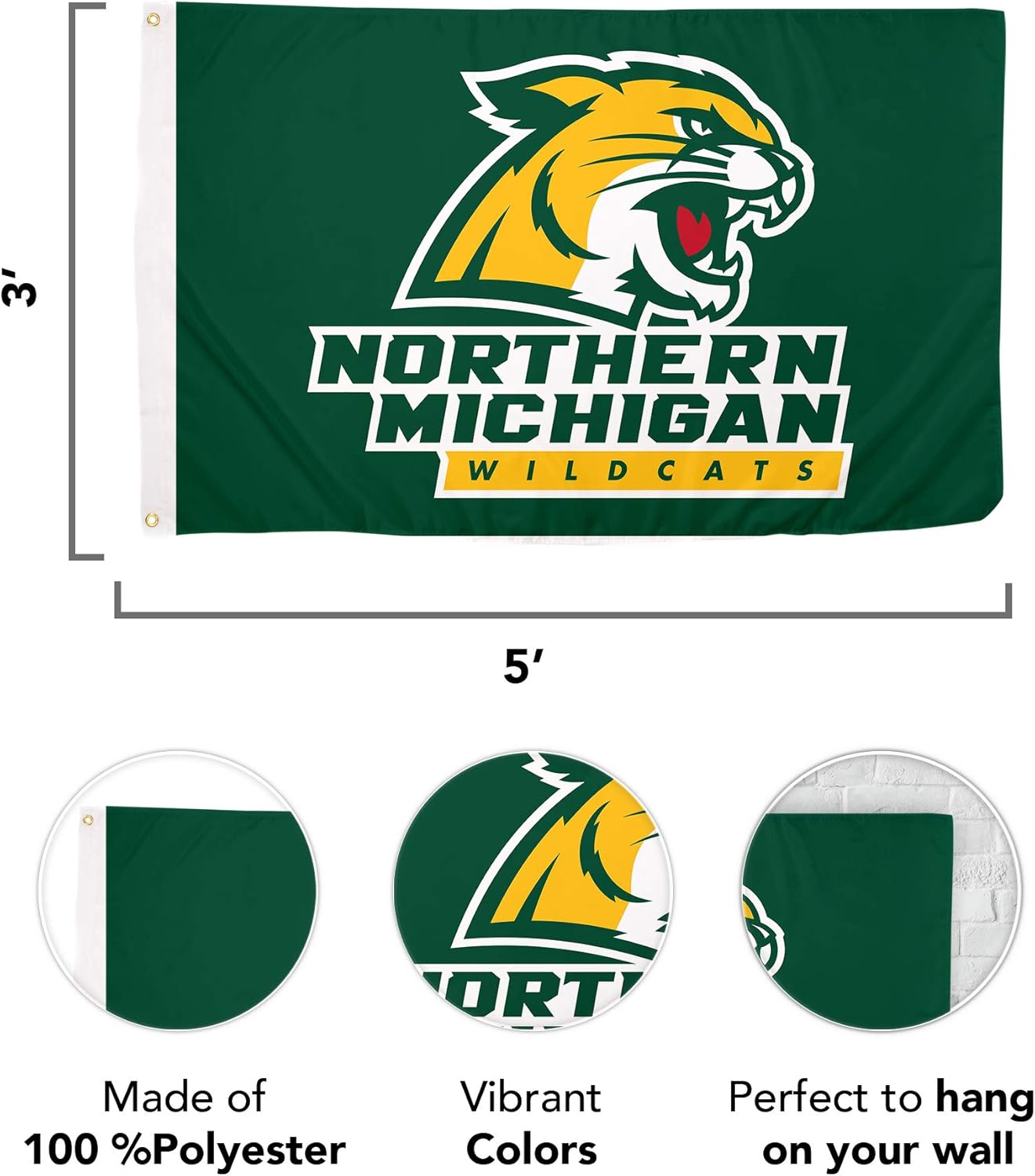 Desert Cactus Northern Michigan University NMU Flag - 3 x 5 Feet Wildcats Banner, Indoor/Outdoor Durable Fabric, 100% Polyester Design (Style 1) - Image 3