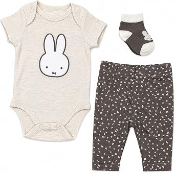 Miffy Baby Boys 3 Piece Layette Set Bodysuit Footed Pants Beige | 3-piece Miffy layette set for sleeping, lounging and going out; soft cotton-blend bodysuit, footed pants and accessory