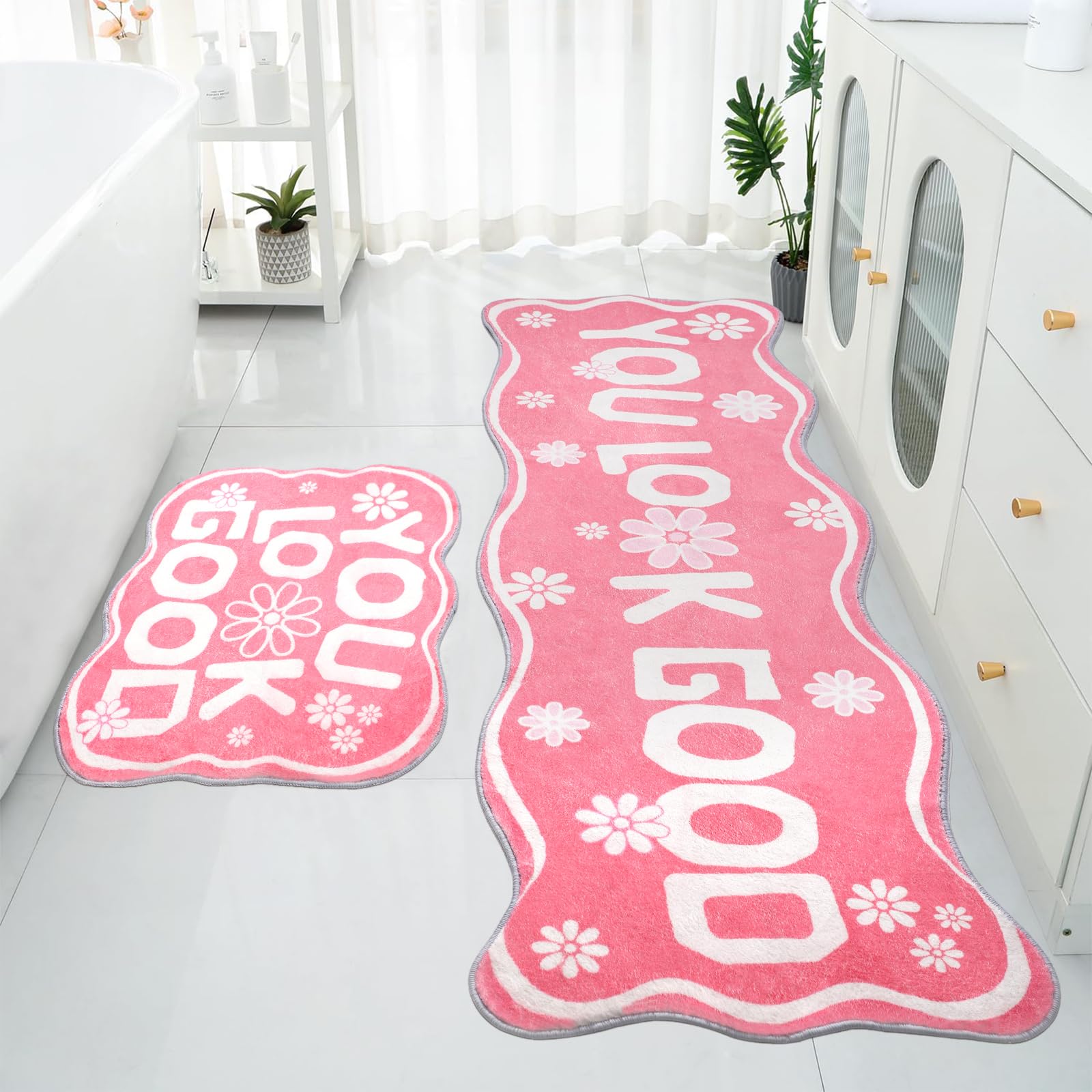 Pink Bathroom Decor Bath Runner Rugs 19" x 59" + 20" x 24" You Look Good Mats, 2 Piece Soft Non Slip Shower Mat Cool Bath Rug Carpet Washable Bathmat