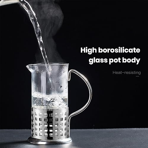 Miniatura 5 de Prensa de filtro compacto Hervidor de vidrio de borosilicato de alta olla de 11.8 fl oz con mango antiquemaduras Cafetera portátil de acero